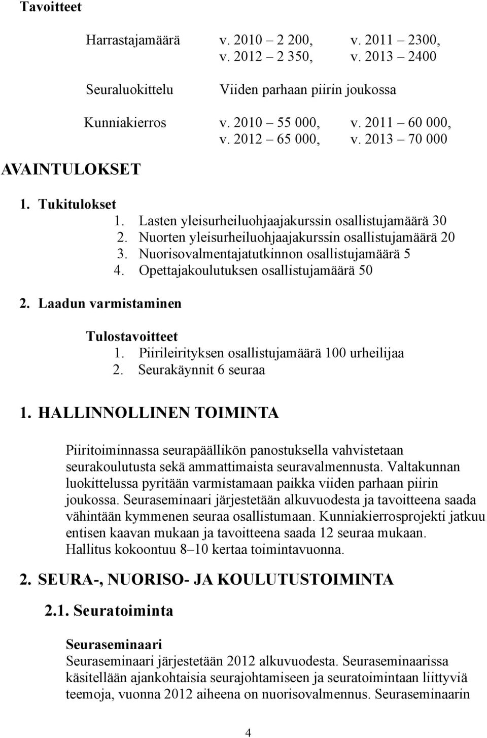 Nuorisovalmentajatutkinnon osallistujamäärä 5 4. Opettajakoulutuksen osallistujamäärä 50 2. Laadun varmistaminen Tulostavoitteet 1. Piirileirityksen osallistujamäärä 100 urheilijaa 2.