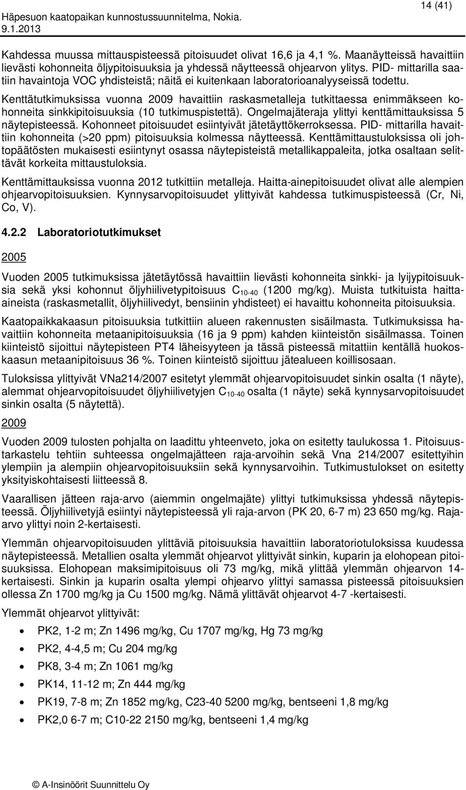 Kenttätutkimuksissa vuonna 2009 havaittiin raskasmetalleja tutkittaessa enimmäkseen kohonneita sinkkipitoisuuksia (10 tutkimuspistettä). Ongelmajäteraja ylittyi kenttämittauksissa 5 näytepisteessä.