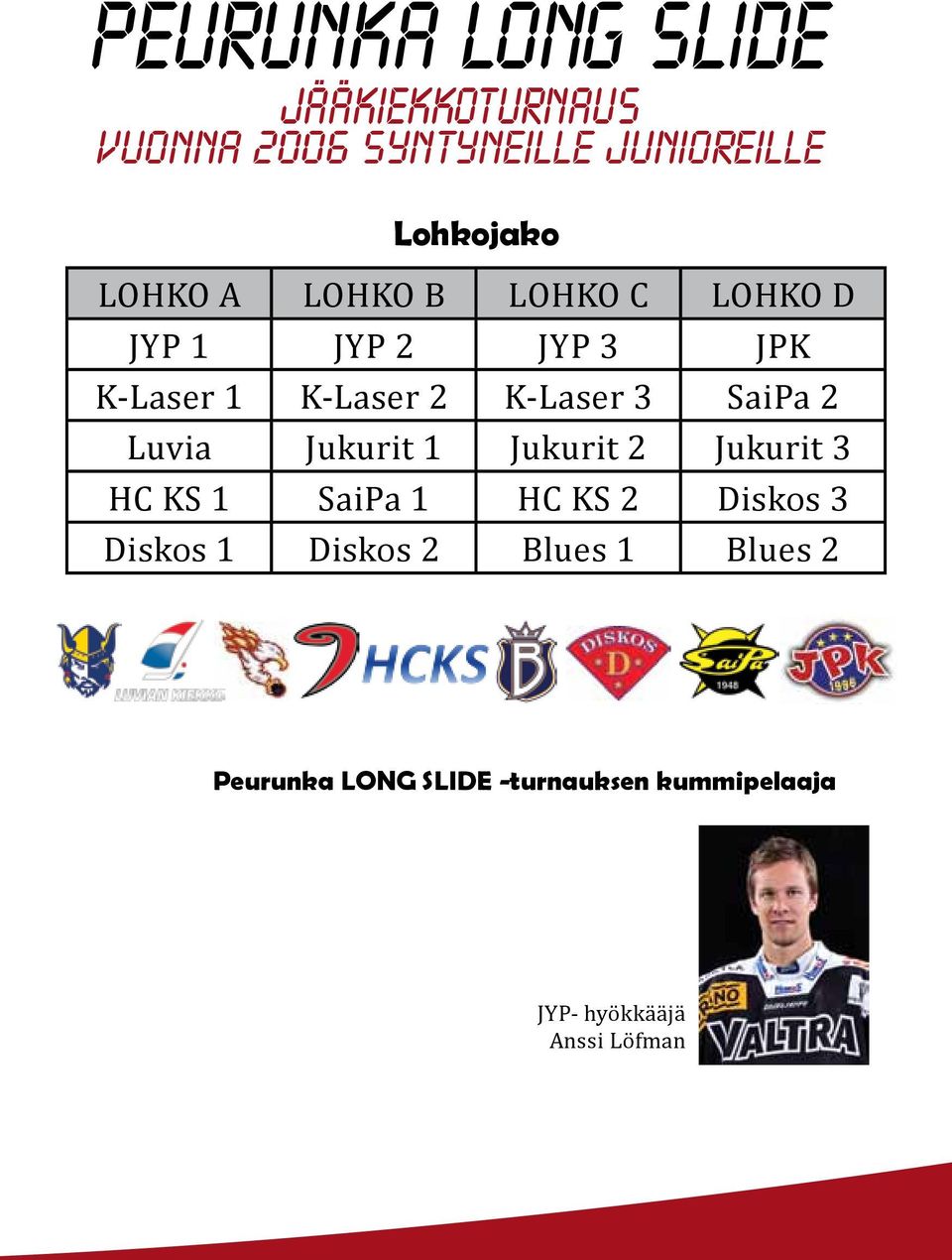 SaiPa 2 Luvia Jukurit 1 Jukurit 2 Jukurit 3 HC KS 1 SaiPa 1 HC KS 2 Diskos 3 Diskos 1