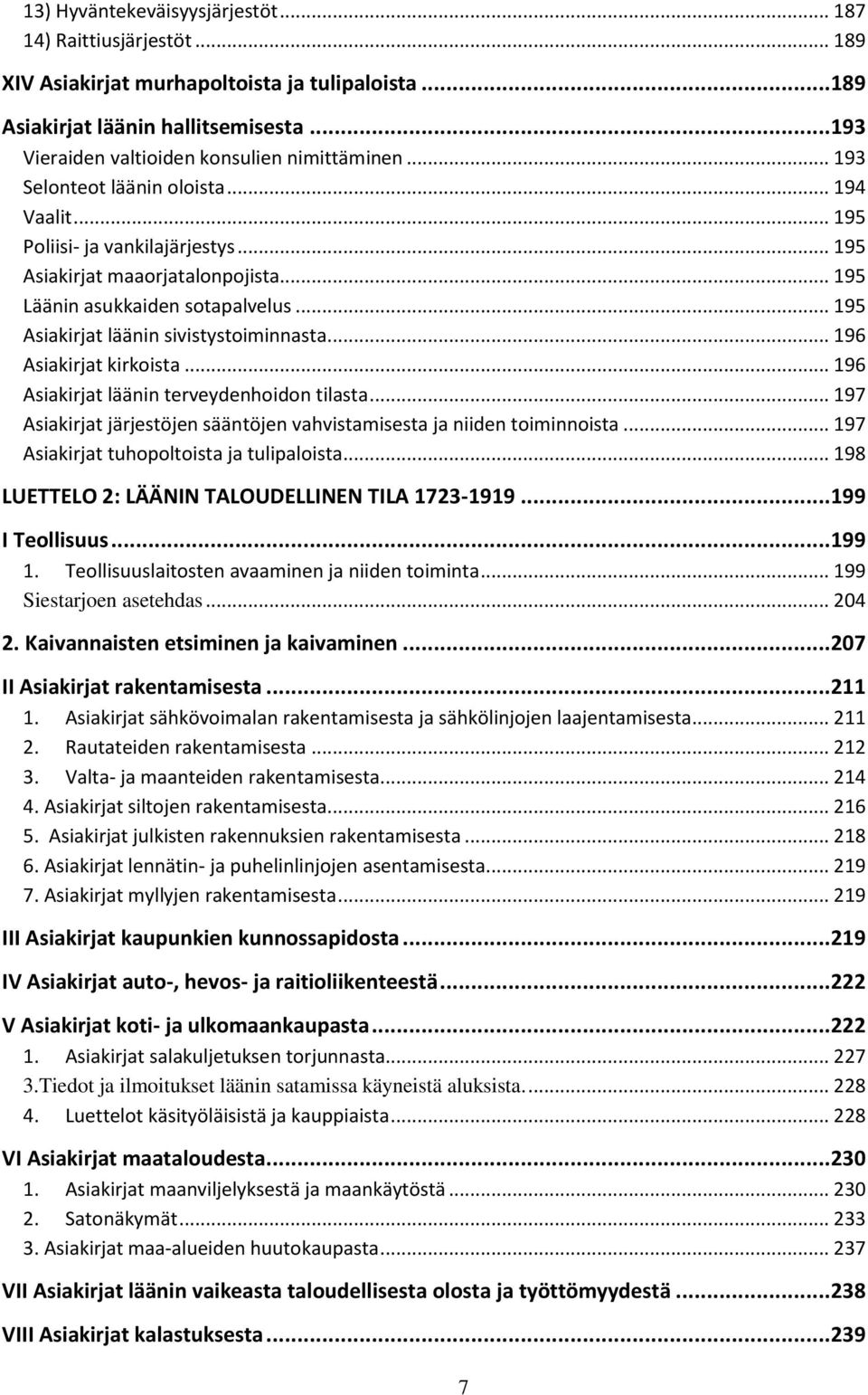 .. 195 Asiakirjat läänin sivistystoiminnasta... 196 Asiakirjat kirkoista... 196 Asiakirjat läänin terveydenhoidon tilasta... 197 Asiakirjat järjestöjen sääntöjen vahvistamisesta ja niiden toiminnoista.