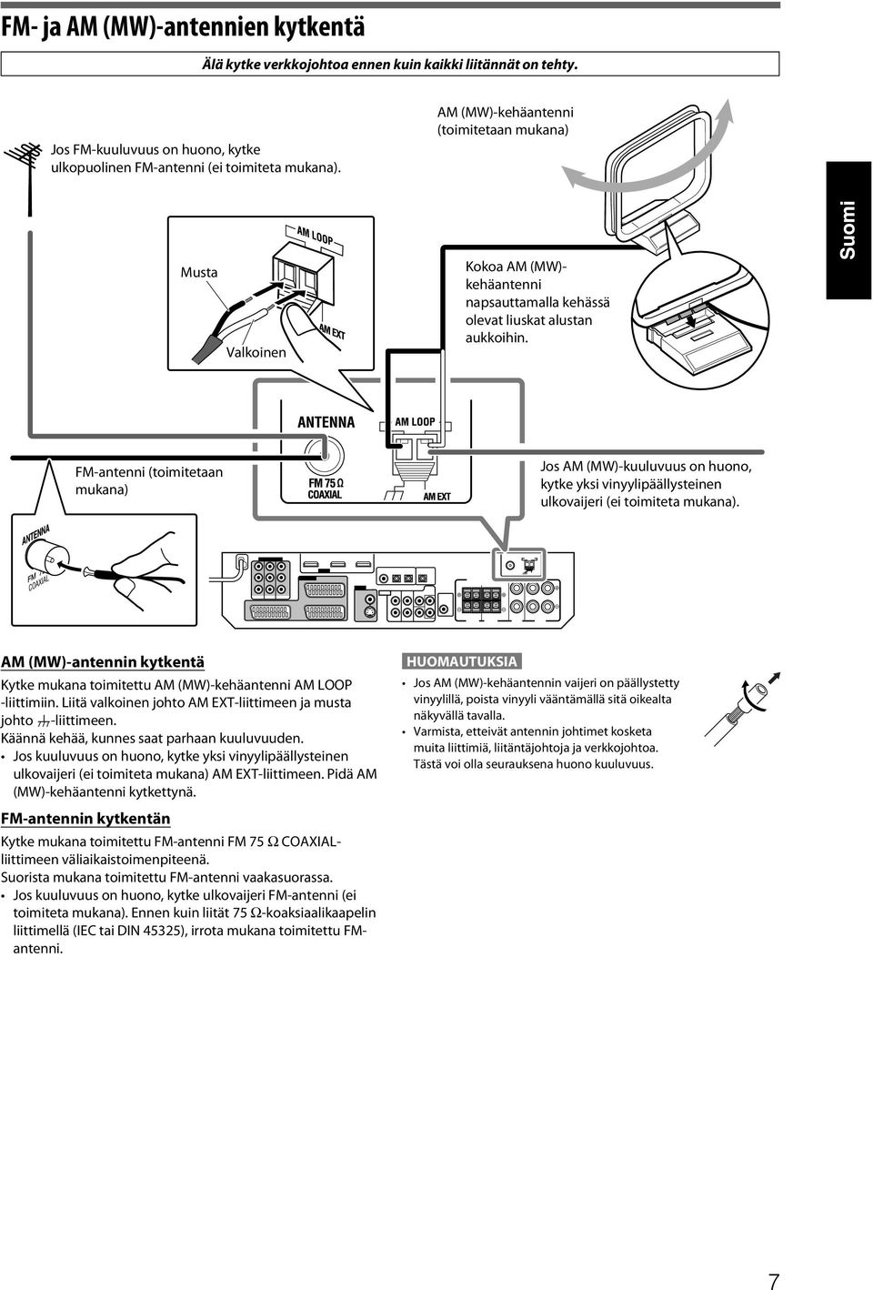 FM-antenni (toimitetaan mukana) Jos AM (MW)-kuuluvuus on huono, kytke yksi vinyylipäällysteinen ulkovaijeri (ei toimiteta mukana).