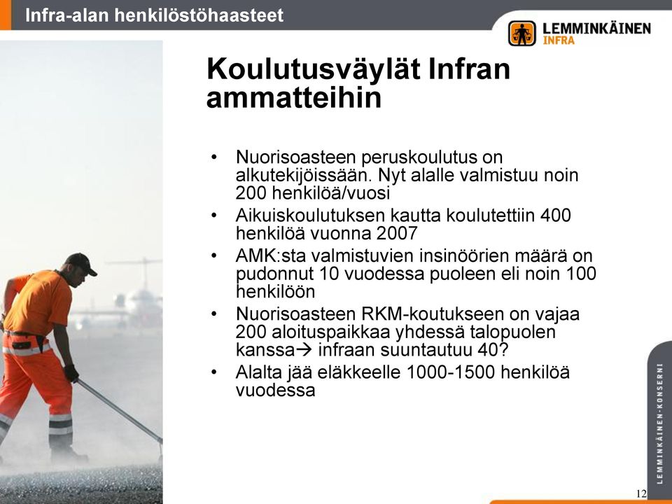 valmistuvien insinöörien määrä on pudonnut 10 vuodessa puoleen eli noin 100 henkilöön Nuorisoasteen RKM-koutukseen on