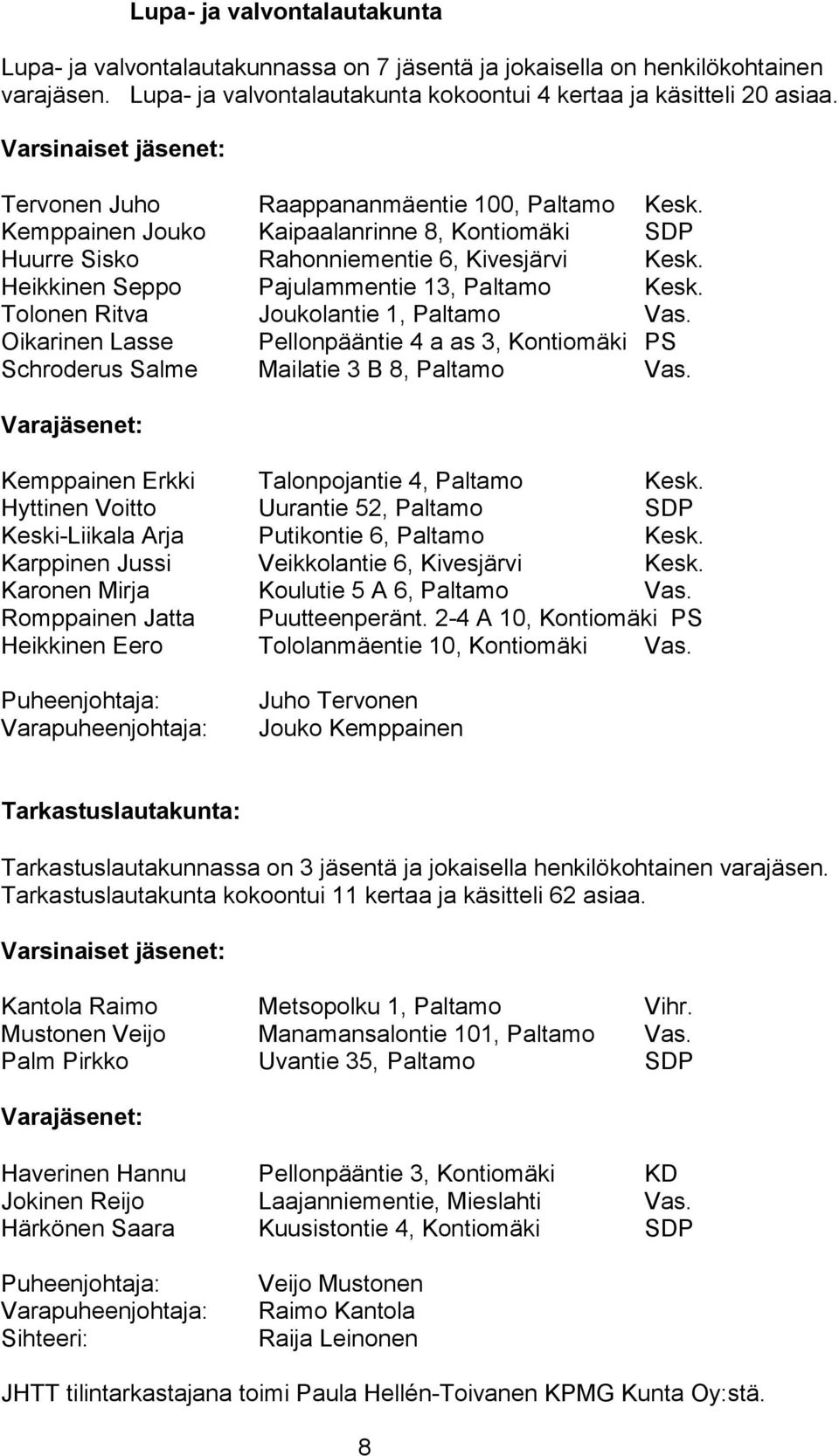 Heikkinen Seppo Pajulammentie 13, Paltamo Kesk. Tolonen Ritva Joukolantie 1, Paltamo Vas. Oikarinen Lasse Pellonpääntie 4 a as 3, Kontiomäki PS Schroderus Salme Mailatie 3 B 8, Paltamo Vas.