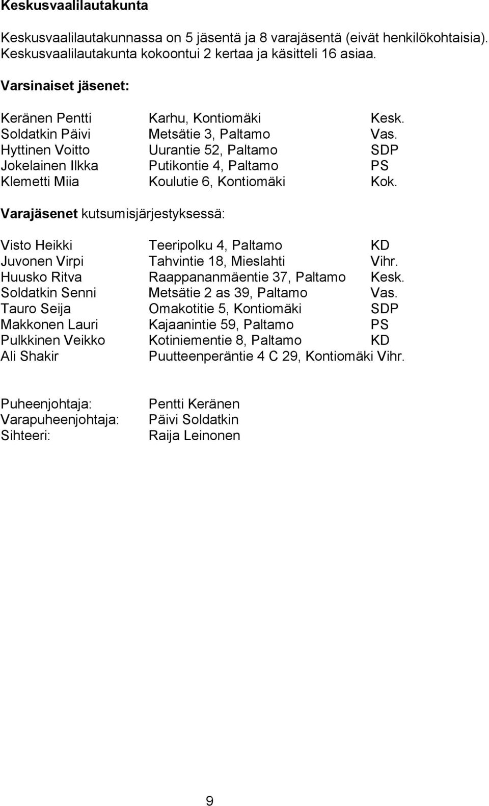 Hyttinen Voitto Uurantie 52, Paltamo SDP Jokelainen Ilkka Putikontie 4, Paltamo PS Klemetti Miia Koulutie 6, Kontiomäki Kok.