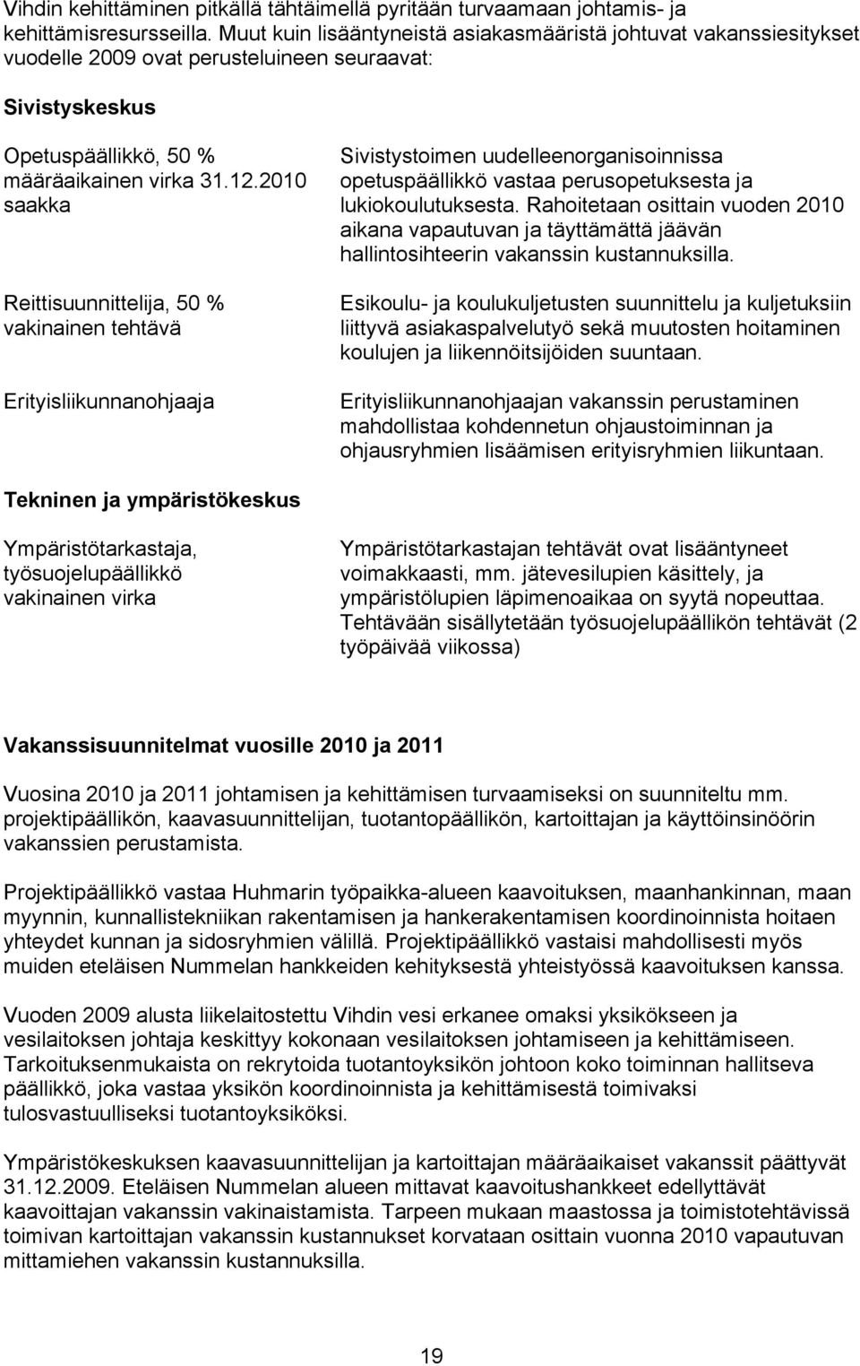 2010 saakka Reittisuunnittelija, 50 % vakinainen tehtävä Erityisliikunnanohjaaja Sivistystoimen uudelleenorganisoinnissa opetuspäällikkö vastaa perusopetuksesta ja lukiokoulutuksesta.