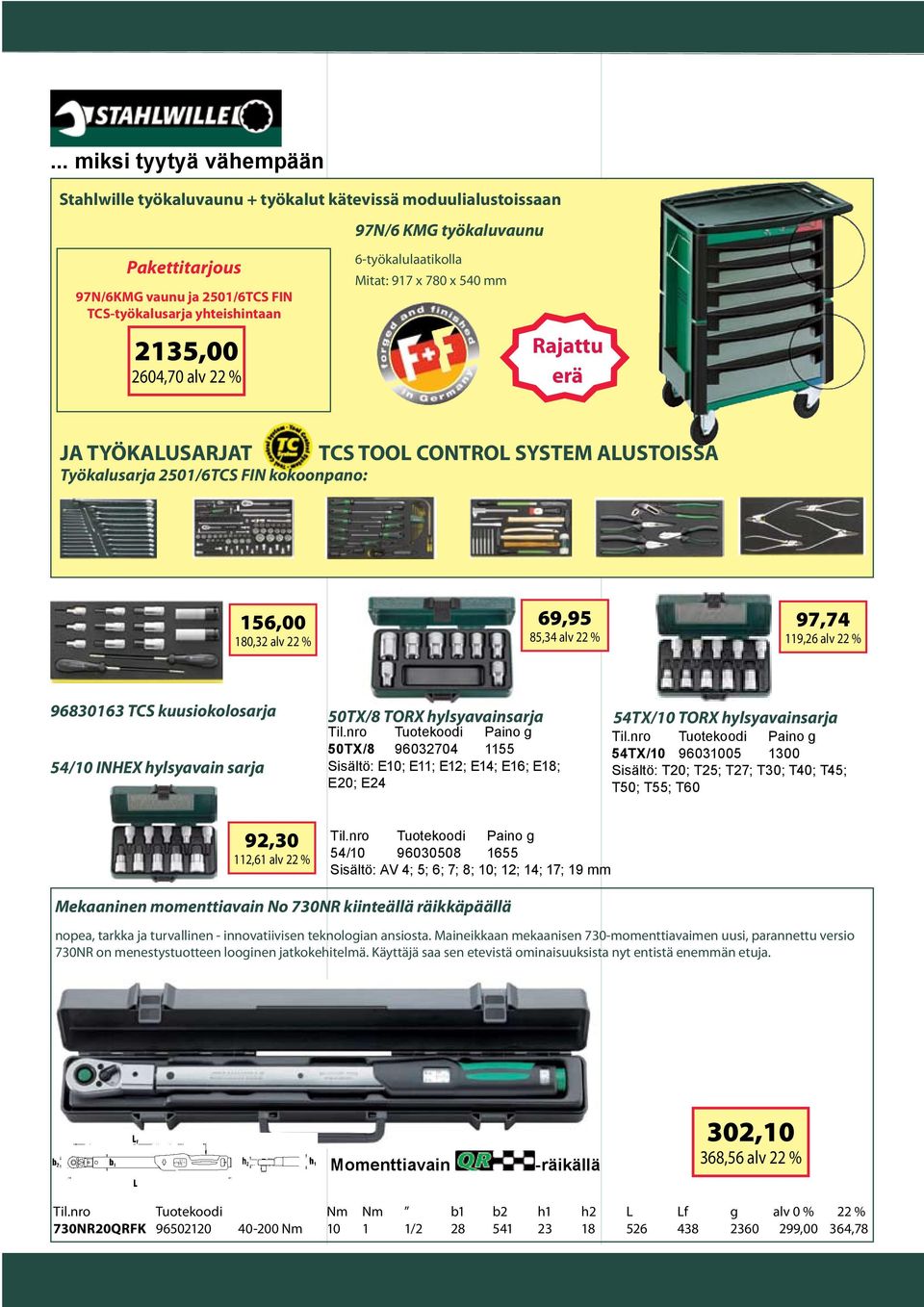 69,95 85,34 alv 22 % 97,74 119,26 alv 22 % 96830163 TCS kuusiokolosarja 50TX/8 TORX hylsyavainsarja 54TX/10 TORX hylsyavainsarja Til.nro Tuotekoodi Paino g Til.