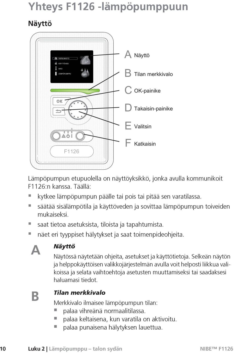 A B Näyttö Näytössä näytetään ohjeita, asetukset ja käyttötietoja.