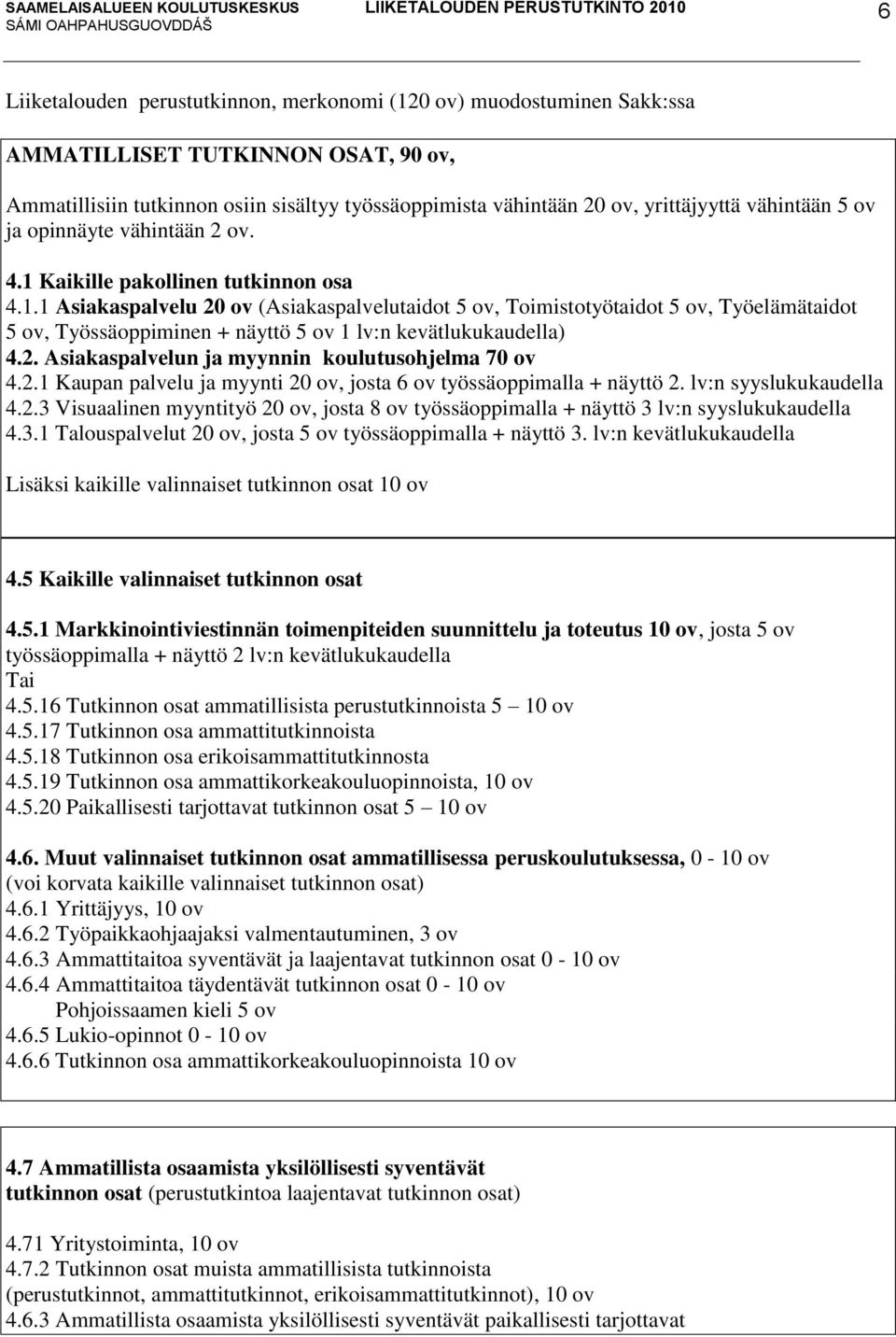 Kaikille pakollinen tutkinnon osa 4.1.1 Asiakaspalvelu 20 ov (Asiakaspalvelutaidot 5 ov, Toimistotyötaidot 5 ov, Työelämätaidot 5 ov, Työssäoppiminen + näyttö 5 ov 1 lv:n kevätlukukaudella) 4.2. Asiakaspalvelun ja myynnin koulutusohjelma 70 ov 4.