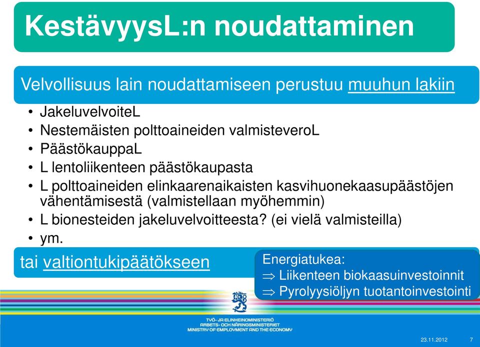 kasvihuonekaasupäästöjen vähentämisestä (valmistellaan myöhemmin) L bionesteiden jakeluvelvoitteesta?