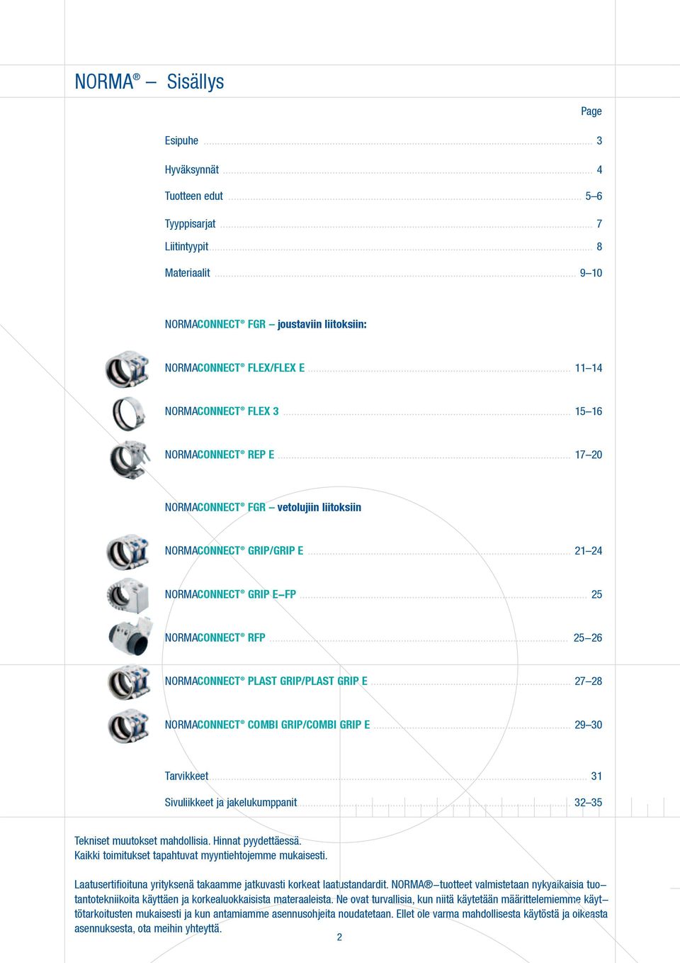 .. 25-26 NORMACONNECT Plast grip/plast grip E... 27 28 NORMACONNECT COMBI Grip/COMBI Grip E... 29 30 Tarvikkeet... 31 Sivuliikkeet ja jakelukumppanit... 32 35 Tekniset muutokset mahdollisia.