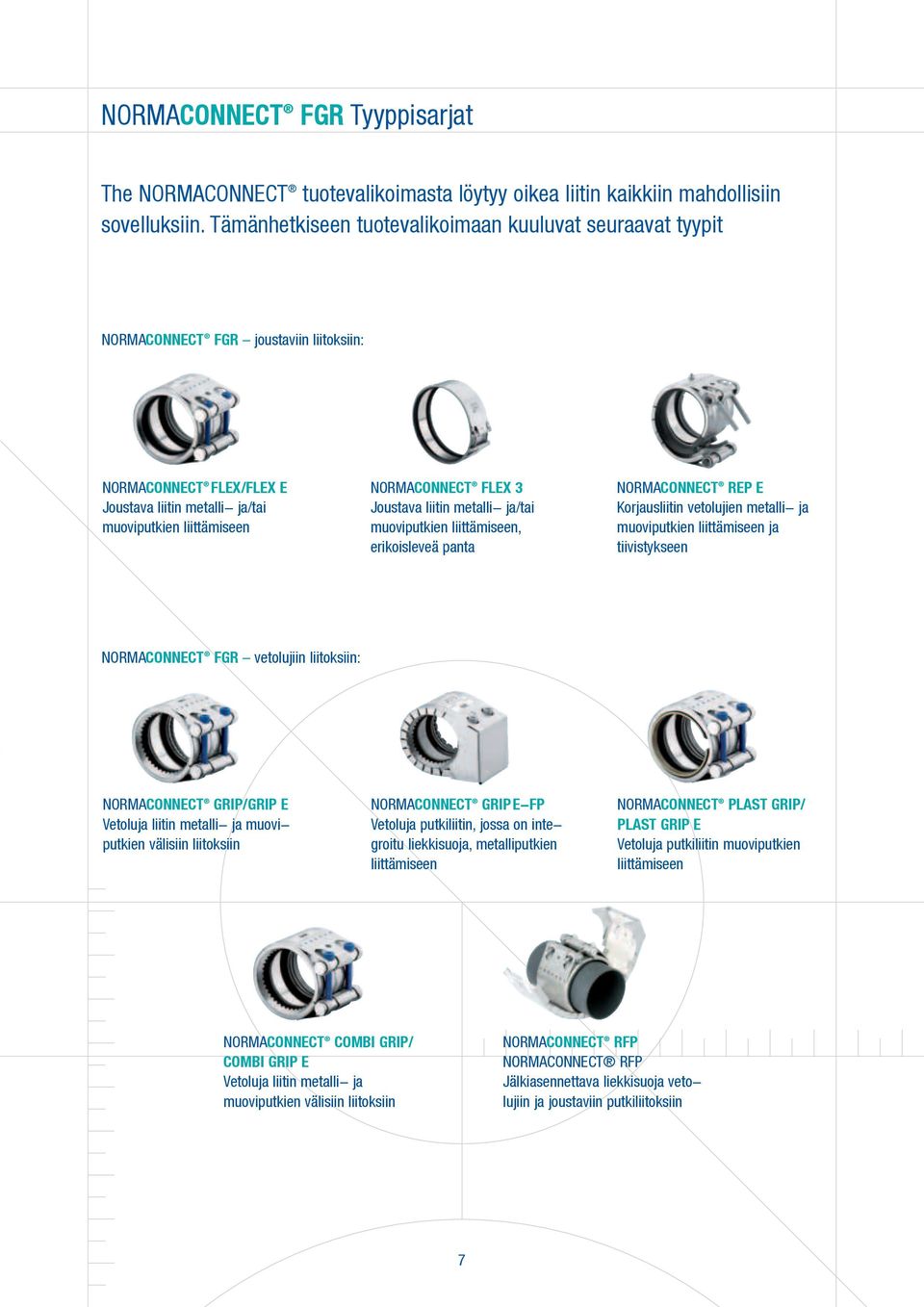 3 Joustava liitin metalli- ja/tai muoviputkien liittämiseen, erikoisleveä panta NORMACONNECT REP E Korjausliitin vetolujien metalli- ja muoviputkien liittämiseen ja tiivistykseen NORMACONNECT FGR