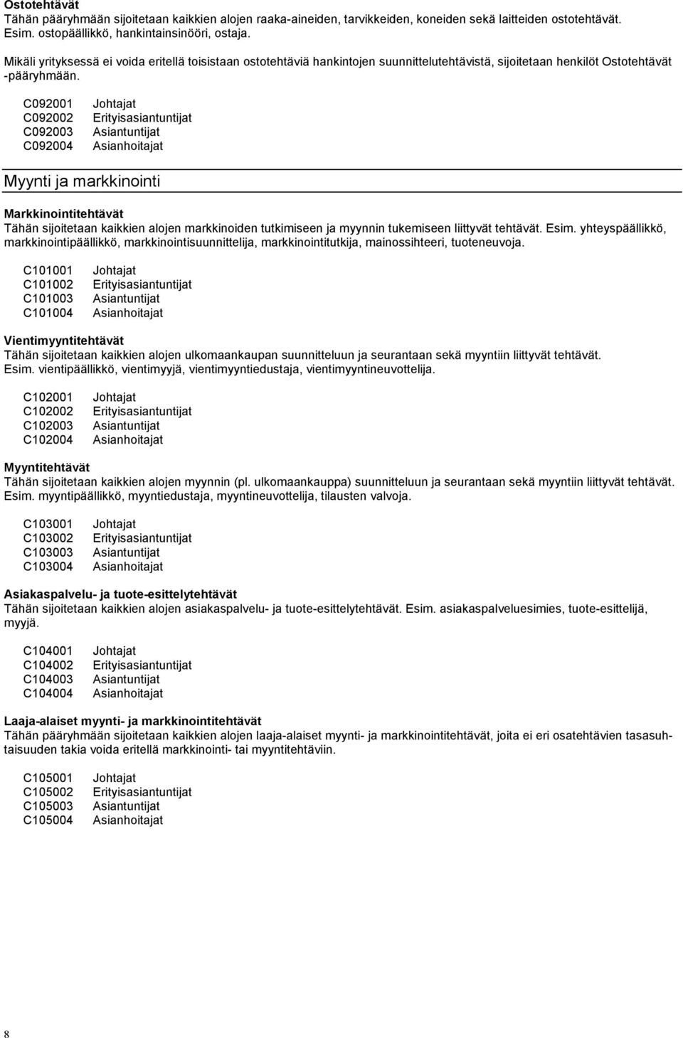 C092001 C092002 C092003 C092004 Myynti ja markkinointi Markkinointitehtävät Tähän sijoitetaan kaikkien alojen markkinoiden tutkimiseen ja myynnin tukemiseen liittyvät tehtävät. Esim.