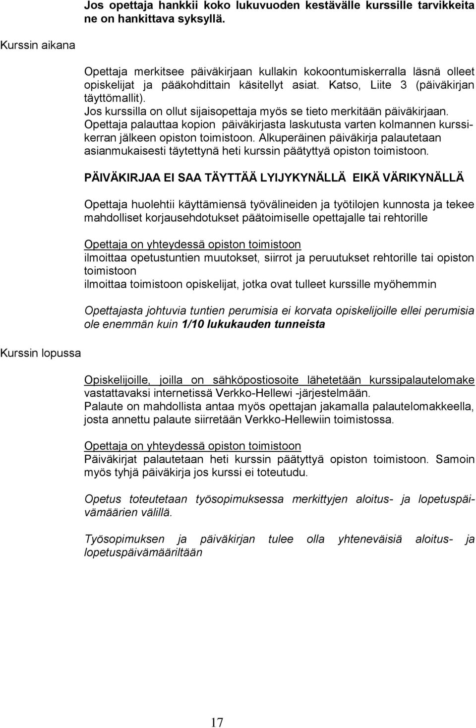 Jos kurssilla on ollut sijaisopettaja myös se tieto merkitään päiväkirjaan. Opettaja palauttaa kopion päiväkirjasta laskutusta varten kolmannen kurssikerran jälkeen opiston toimistoon.