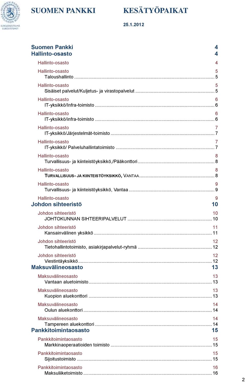 .. 7 Hallinto-osasto 7 IT-yksikkö/ Palveluhallintatoimisto... 7 Hallinto-osasto 8 Turvallisuus- ja kiinteistöyksikkö,/pääkonttori... 8 Hallinto-osasto 8 TURVALLISUUS- JA KIINTEISTÖYKSIKKÖ, VANTAA.