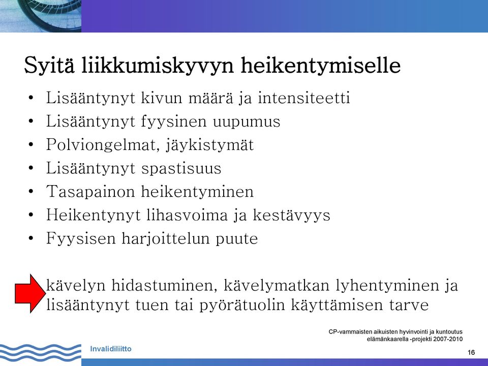 Tasapainon heikentyminen Heikentynyt lihasvoima ja kestävyys Fyysisen harjoittelun