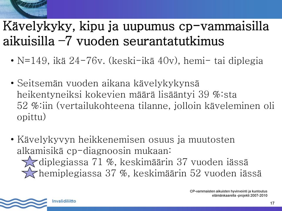 39 %:sta 52 %:iin (vertailukohteena tilanne, jolloin käveleminen oli opittu) Kävelykyvyn heikkenemisen osuus ja