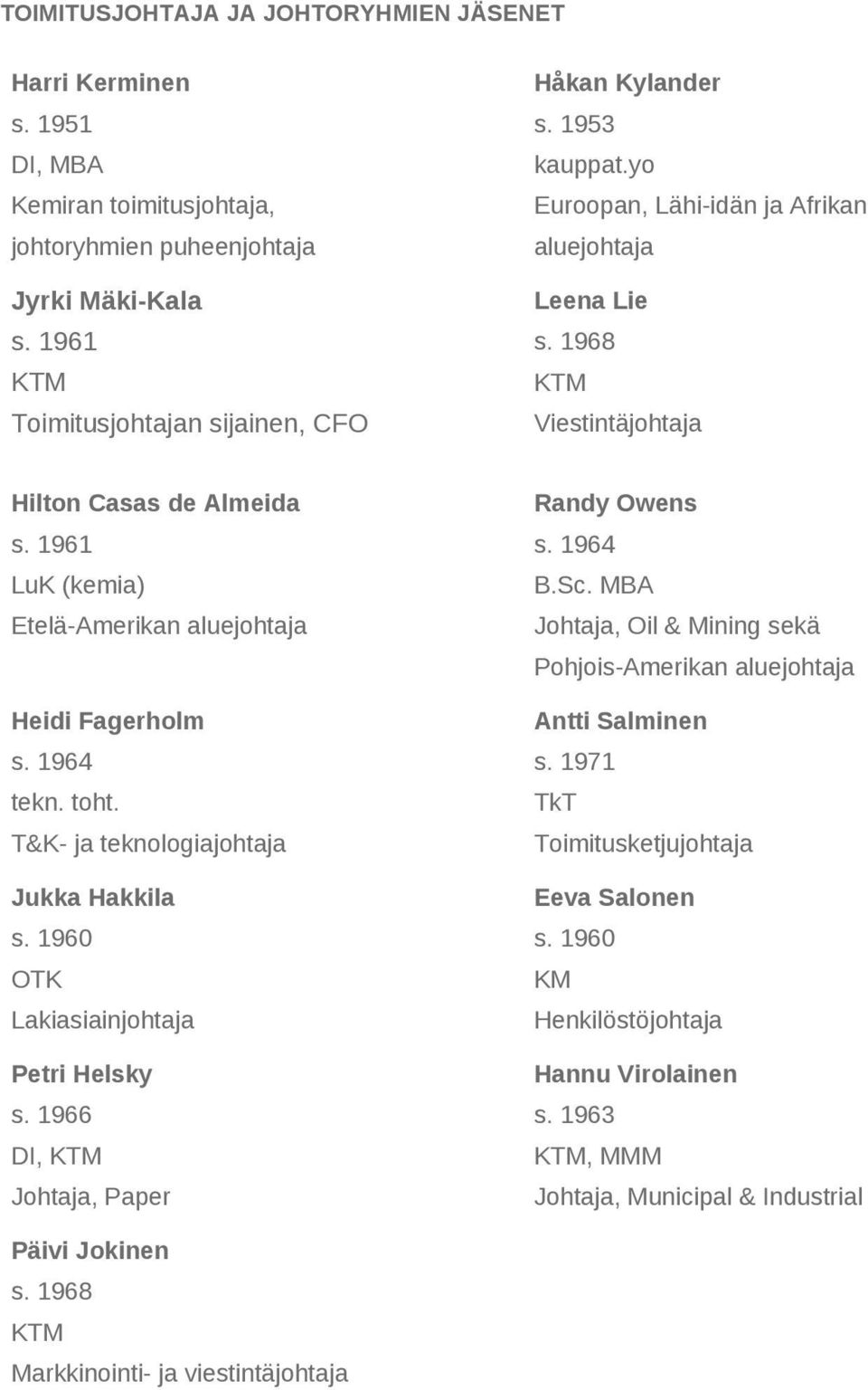 toht. T&K- ja teknologiajohtaja Jukka Hakkila s. 1960 OTK Lakiasiainjohtaja Petri Helsky s. 1966 DI, KTM Johtaja, Paper Randy Owens s. 1964 B.Sc.