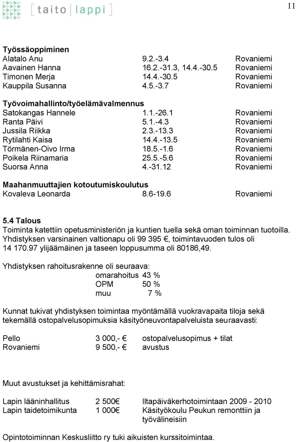 12 Maahanmuuttajien kotoutumiskoulutus Kovaleva Leonarda 8.6-19.6 5.4 Talous Toiminta katettiin opetusministeriön ja kuntien tuella sekä oman toiminnan tuotoilla.