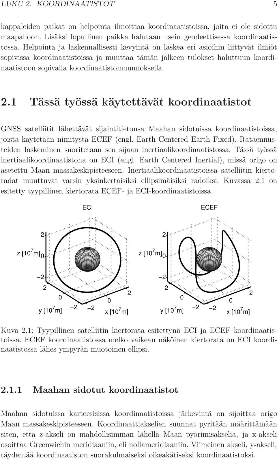 koordinaatistomuunnoksella. 2.1 Tässä työssä käytettävät koordinaatistot GNSS satelliitit lähettävät sĳaintitietonsa Maahan sidotuissa koordinaatistoissa, joista käytetään nimitystä ECEF (engl.