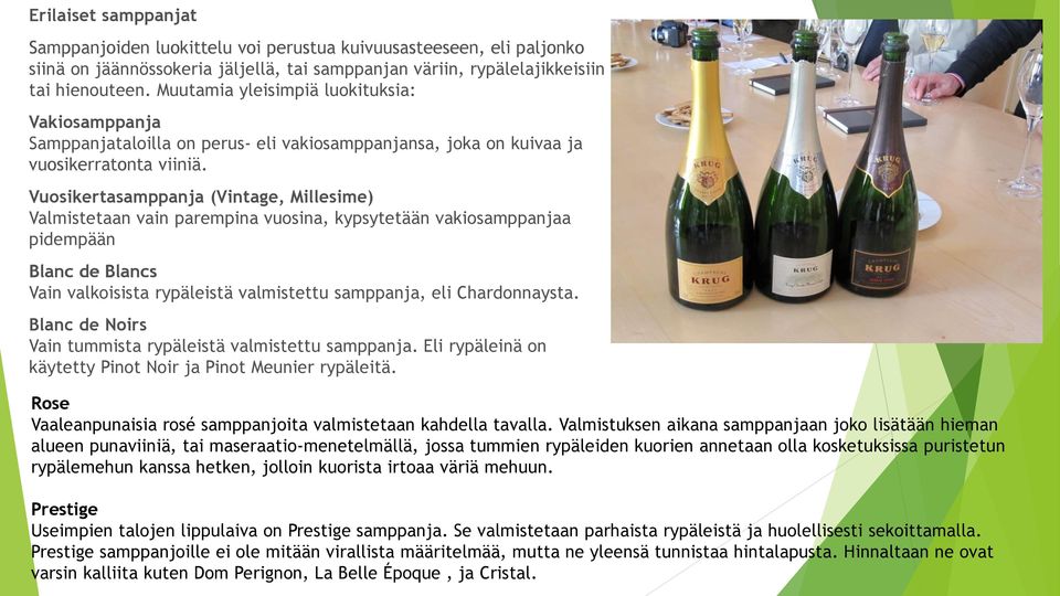 Vuosikertasamppanja (Vintage, Millesime) Valmistetaan vain parempina vuosina, kypsytetään vakiosamppanjaa pidempään Blanc de Blancs Vain valkoisista rypäleistä valmistettu samppanja, eli
