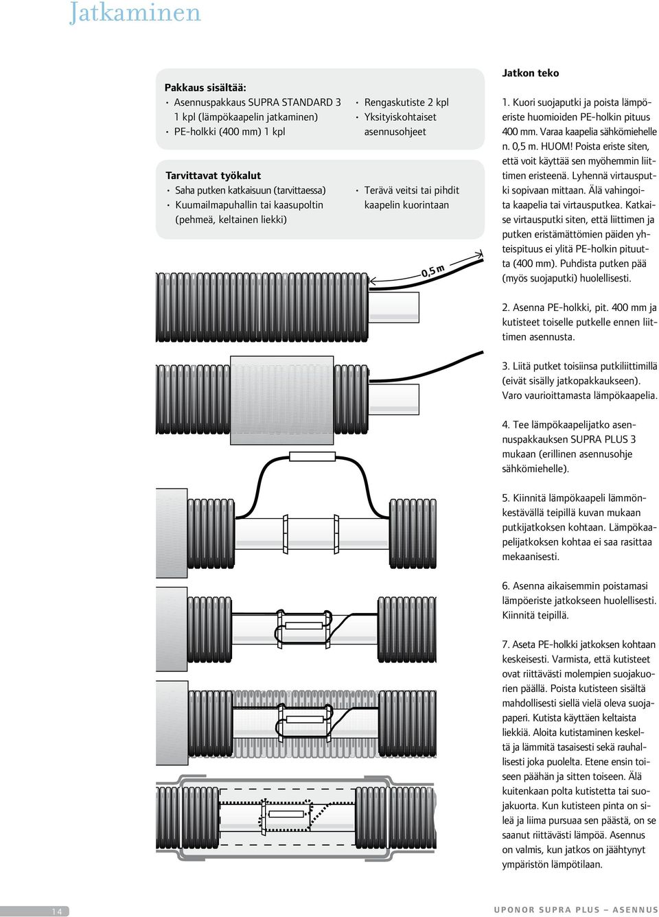 Kuori suojaputki ja poista lämpöeriste huomioiden PE-holkin pituus 00 mm. Varaa kaapelia sähkömiehelle n. 0, m. HUOM! Poista eriste siten, että voit käyttää sen myöhemmin liittimen eristeenä.