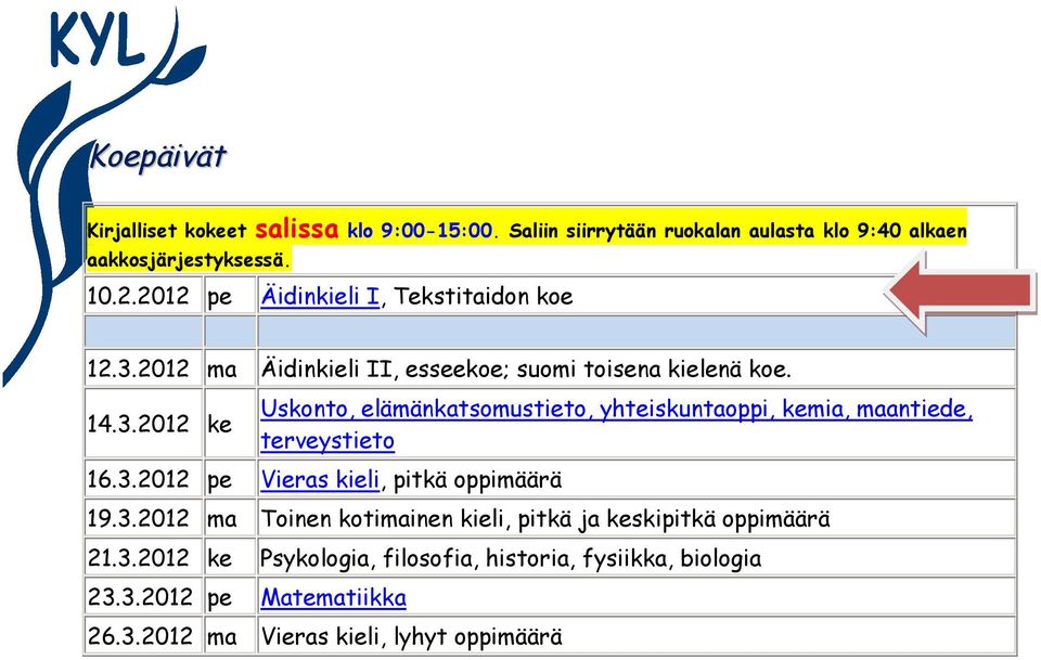 3.2012 pe Vieras kieli, pitkä oppimäärä 19.3.2012 ma Toinen kotimainen kieli, pitkä ja keskipitkä oppimäärä 21.3.2012 ke Psykologia, filosofia, historia, fysiikka, biologia 23.
