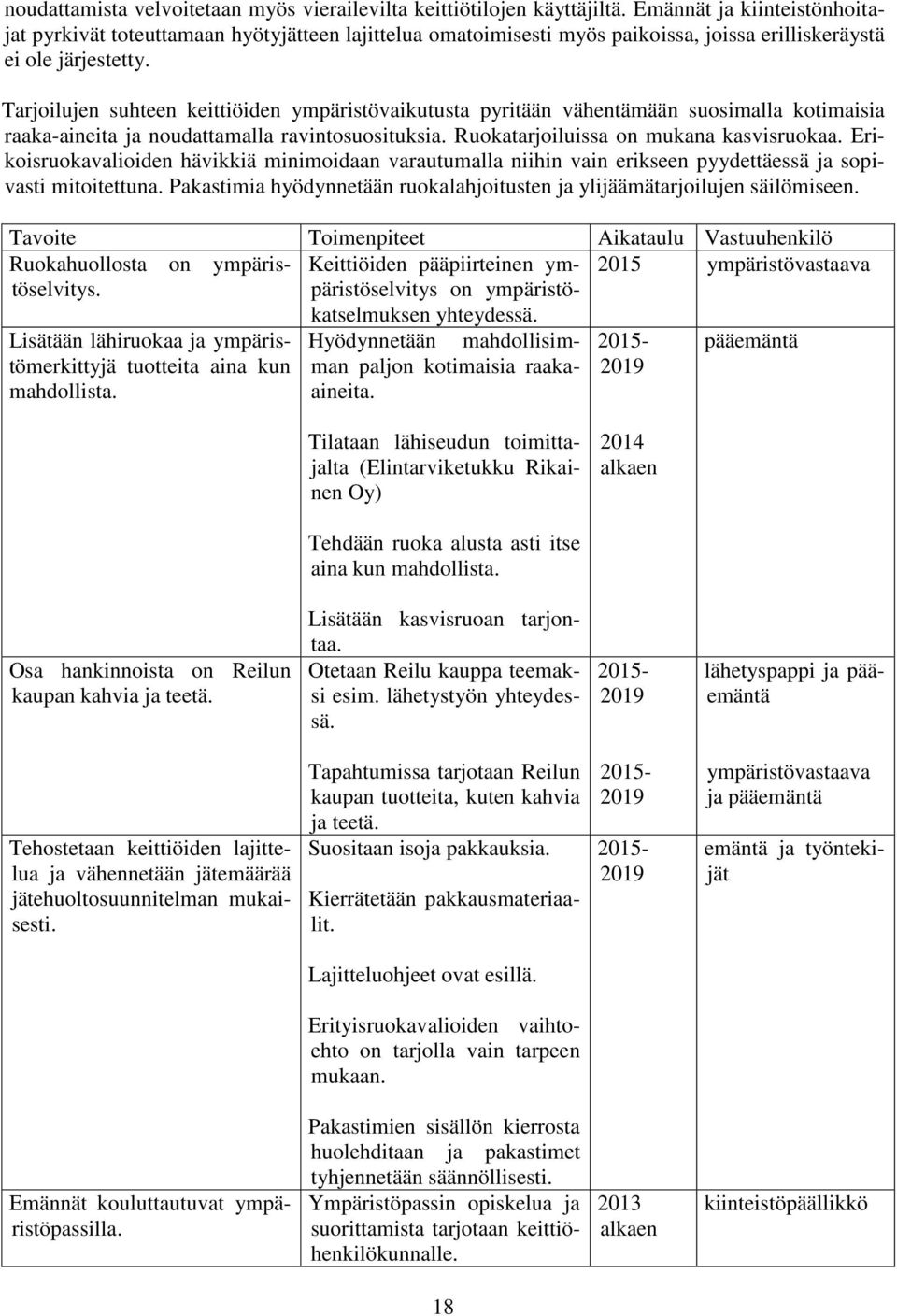 Tarjoilujen suhteen keittiöiden ympäristövaikutusta pyritään vähentämään suosimalla kotimaisia raaka-aineita ja noudattamalla ravintosuosituksia. Ruokatarjoiluissa on mukana kasvisruokaa.