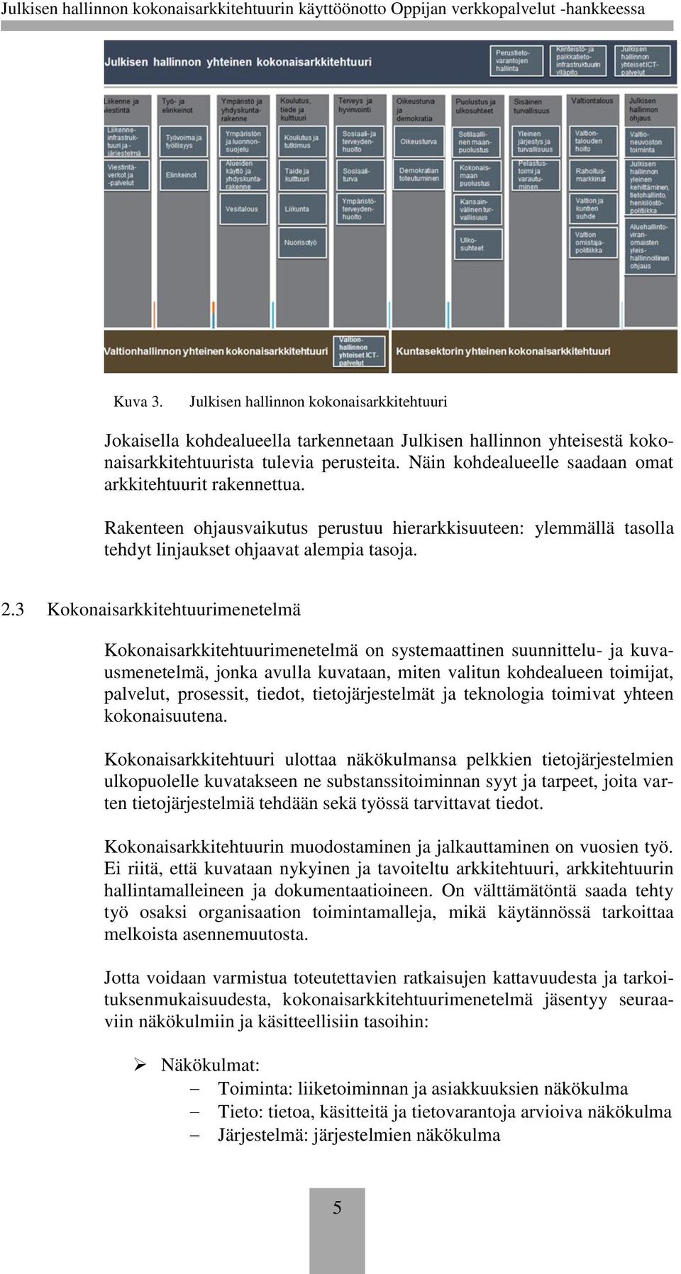 3 Kokonaisarkkitehtuurimenetelmä Kokonaisarkkitehtuurimenetelmä on systemaattinen suunnittelu- ja kuvausmenetelmä, jonka avulla kuvataan, miten valitun kohdealueen toimijat, palvelut, prosessit,