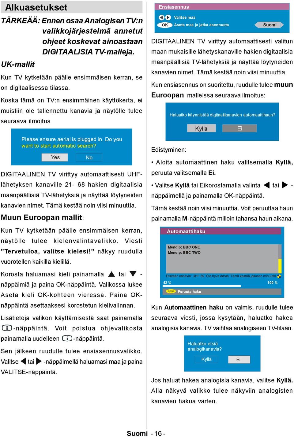 Koska tämä on TV:n ensimmäinen käyttökerta, ei muistiin ole tallennettu kanavia ja näytölle tulee seuraava ilmoitus Please ensure aerial is plugged in. Do you want to start automatic search?