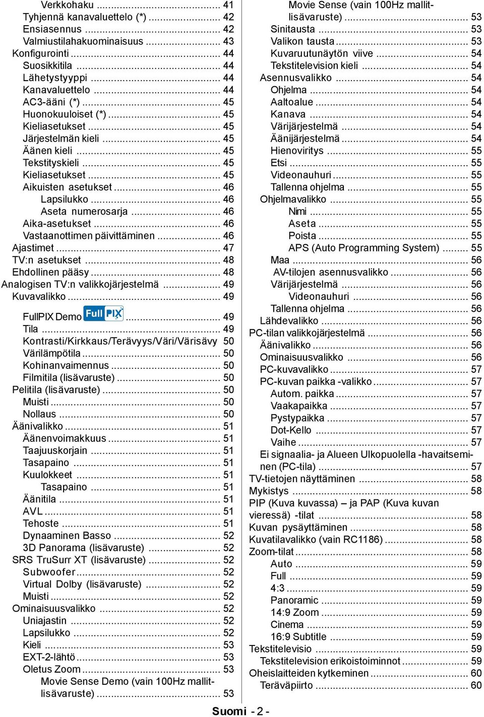 .. 46 Aika-asetukset... 46 Vastaanottimen päivittäminen... 46 Ajastimet... 47 TV:n asetukset... 48 Ehdollinen pääsy... 48 Analogisen TV:n valikkojärjestelmä... 49 Kuvavalikko... 49 FullPIX Demo.