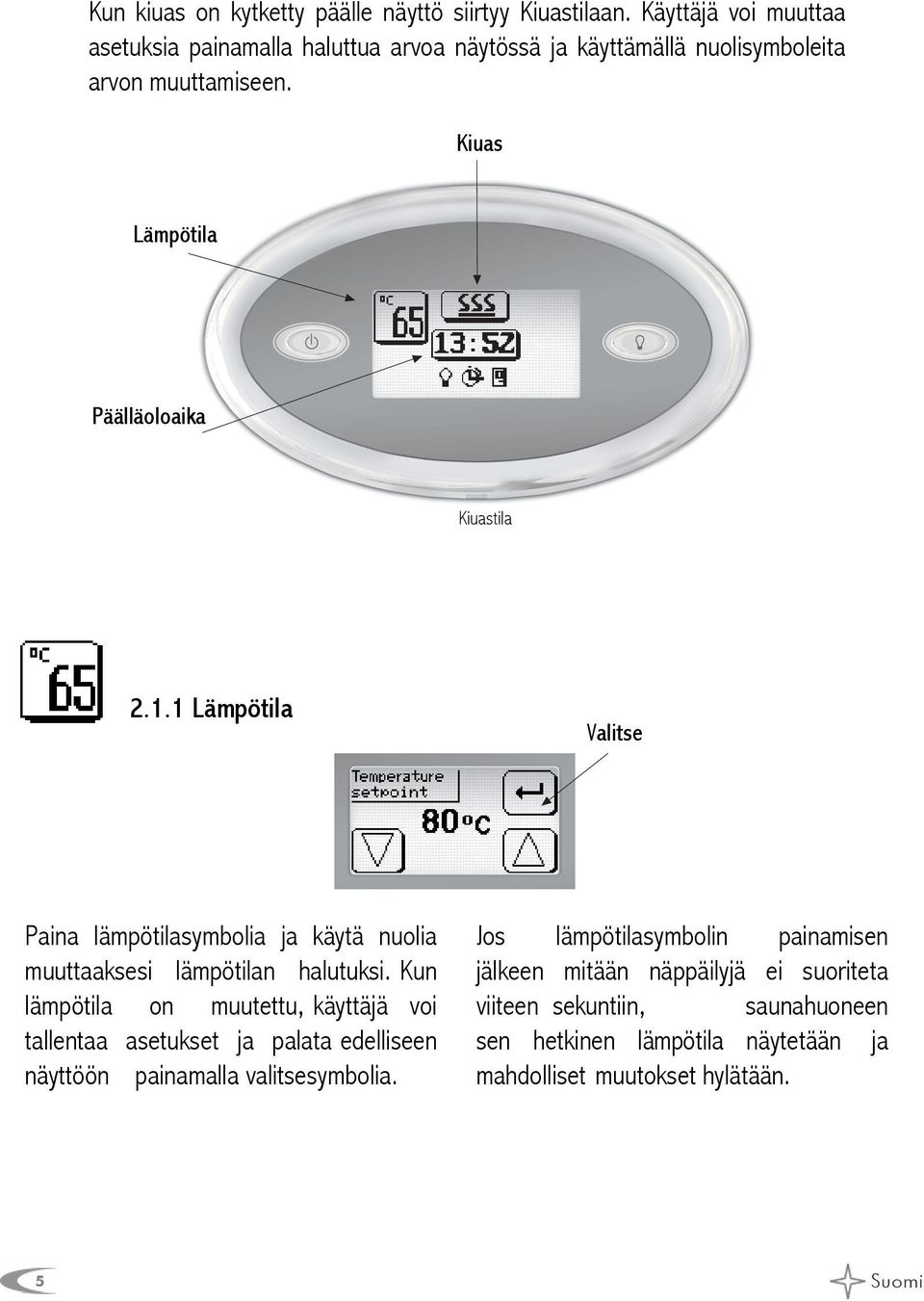 Kiuas Lämpötila Päälläoloaika Kiuastila 2.1.1 Lämpötila Valitse Paina lämpötilasymbolia ja käytä nuolia muuttaaksesi lämpötilan halutuksi.