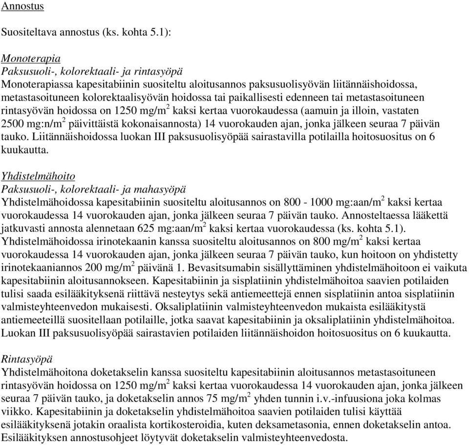 paikallisesti edenneen tai metastasoituneen rintasyövän hoidossa on 1250 mg/m 2 kaksi kertaa vuorokaudessa (aamuin ja illoin, vastaten 2500 mg:n/m 2 päivittäistä kokonaisannosta) 14 vuorokauden ajan,