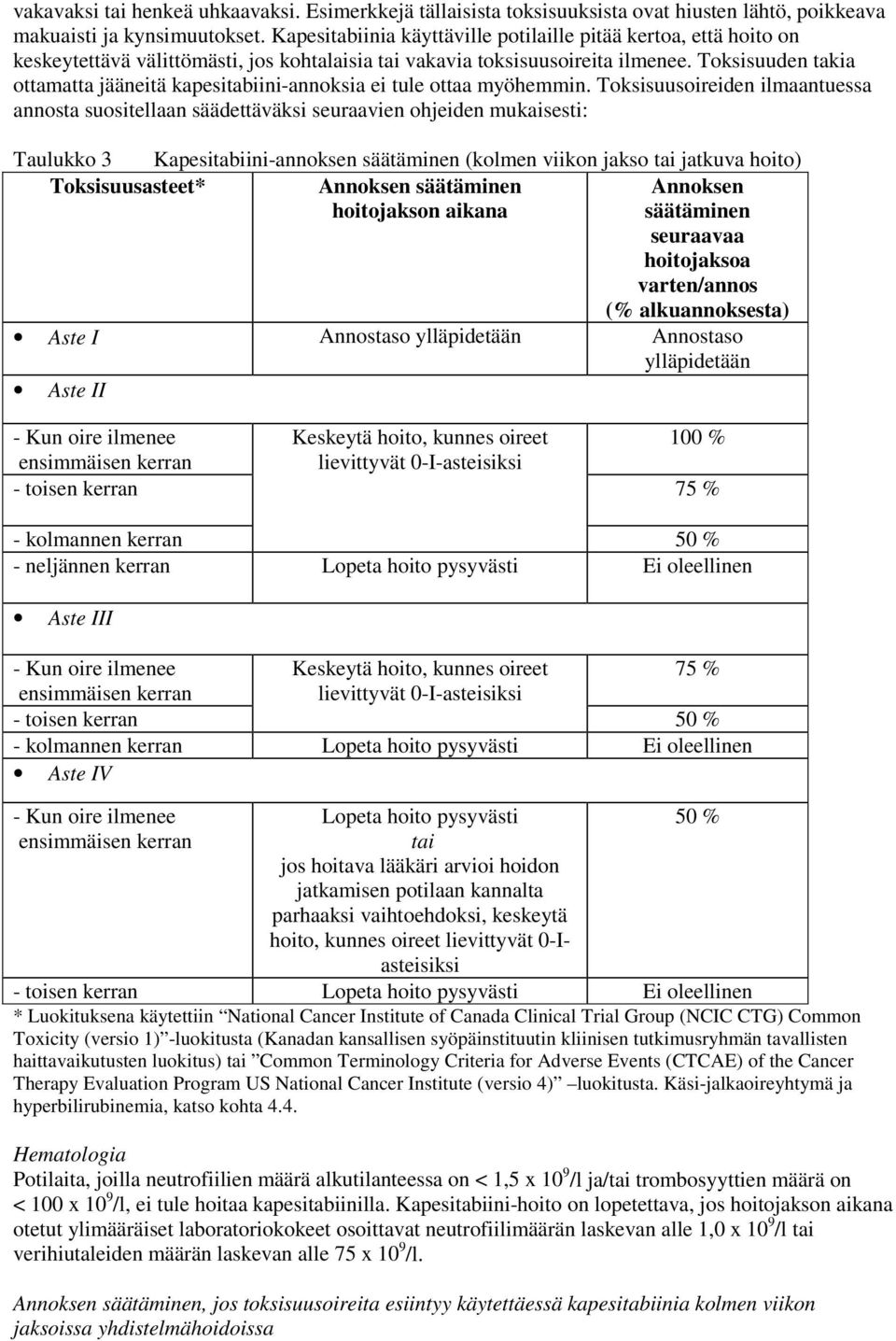 Toksisuuden takia ottamatta jääneitä kapesitabiini-annoksia ei tule ottaa myöhemmin.