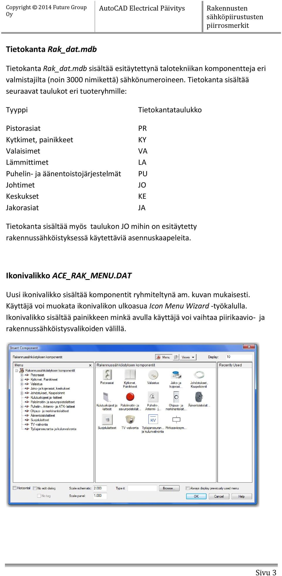 Tietokantataulukko PR KY VA LA PU JO KE JA Tietokanta sisältää myös taulukon JO mihin on esitäytetty rakennussähköistyksessä käytettäviä asennuskaapeleita. Ikonivalikko ACE_RAK_MENU.