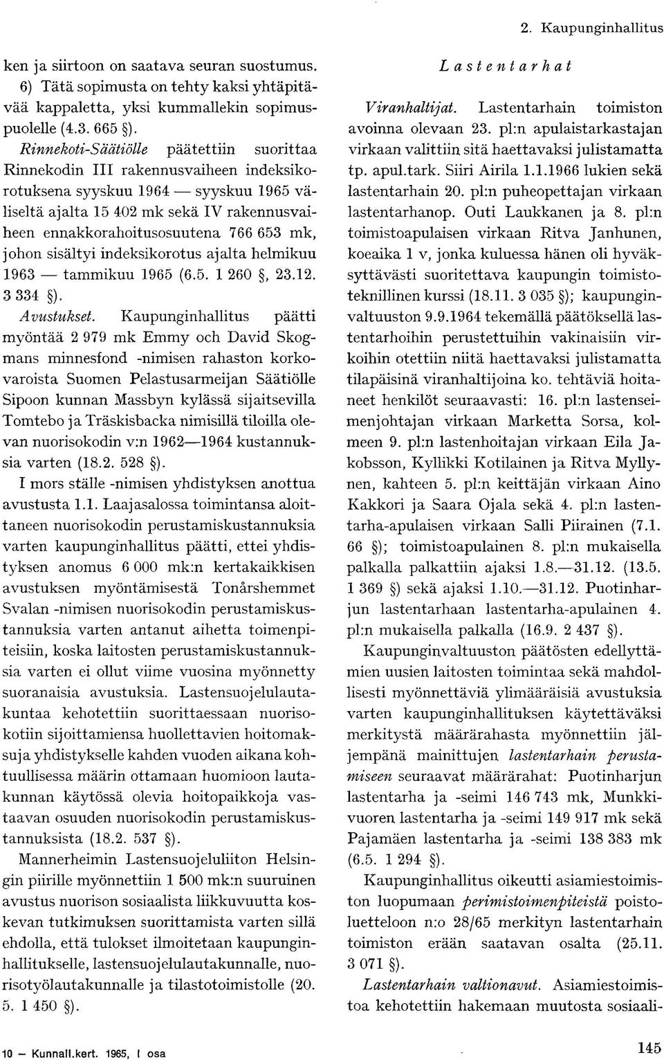akkorahoitusosuutena 766 653 mk, johon sisältyi indeksikorotus ajalta helmikuu 1963 tammikuu 1965 (6.5. 1 260, 23.12. 3 334 ). Avustukset.