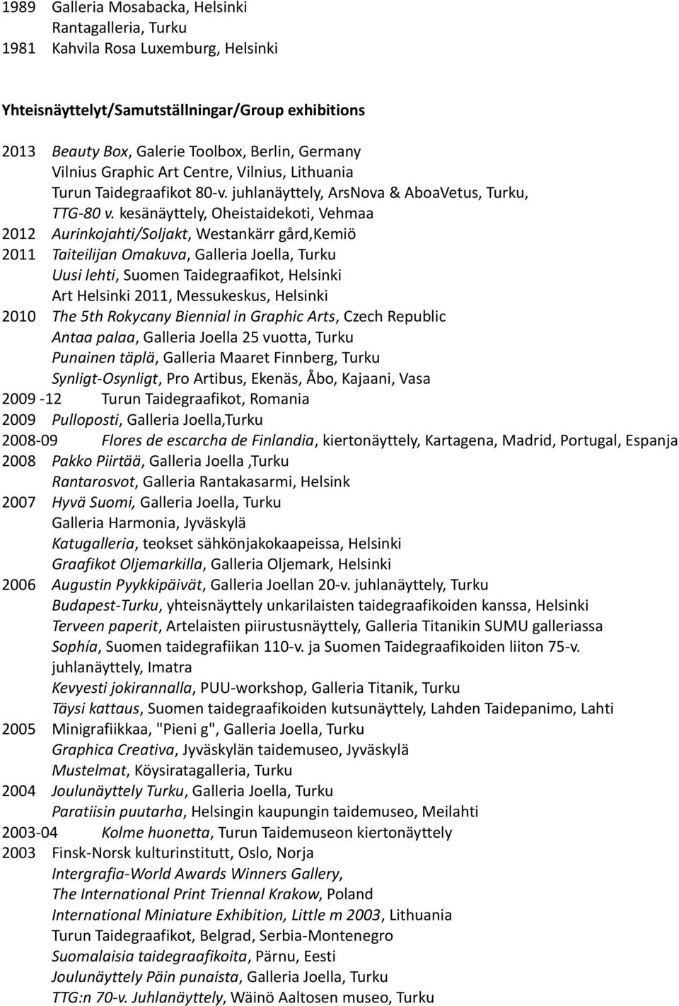 kesänäyttely, Oheistaidekoti, Vehmaa 2012 Aurinkojahti/Soljakt, Westankärr gård,kemiö 2011 Taiteilijan Omakuva, Galleria Joella, Turku Uusi lehti, Suomen Taidegraafikot, Helsinki Art Helsinki 2011,