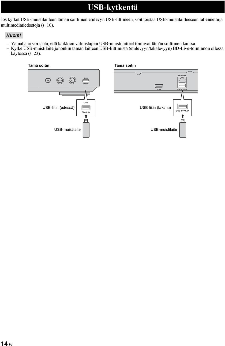 USB-kytkentä Yamaha ei voi taata, että kaikkien valmistajien USB-muistilaitteet toimivat tämän soittimen kanssa.