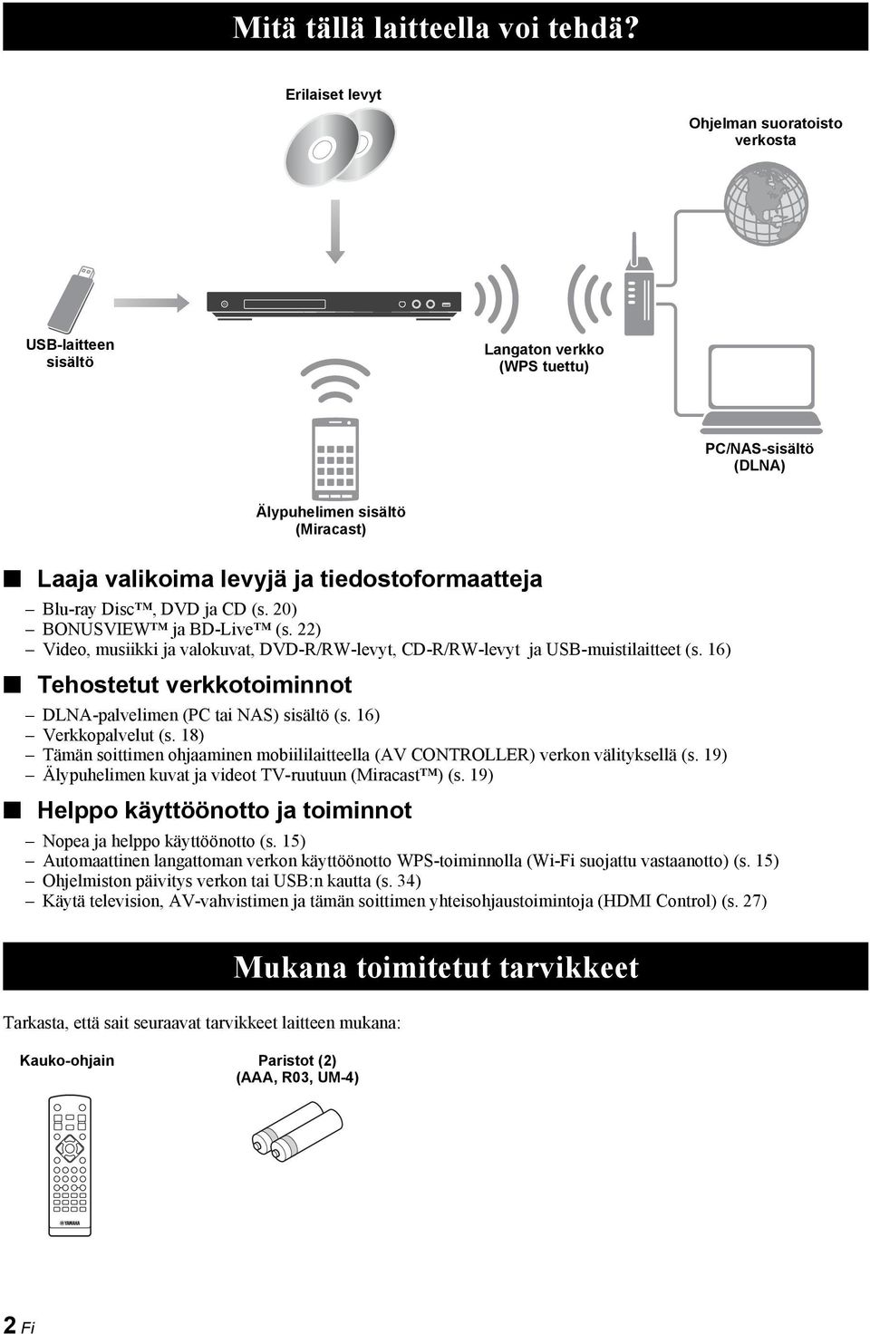 Blu-ray Disc, DVD ja CD (s. 20) BONUSVIEW ja BD-Live (s. 22) Video, musiikki ja valokuvat, DVD-R/RW-levyt, CD-R/RW-levyt ja USB-muistilaitteet (s.