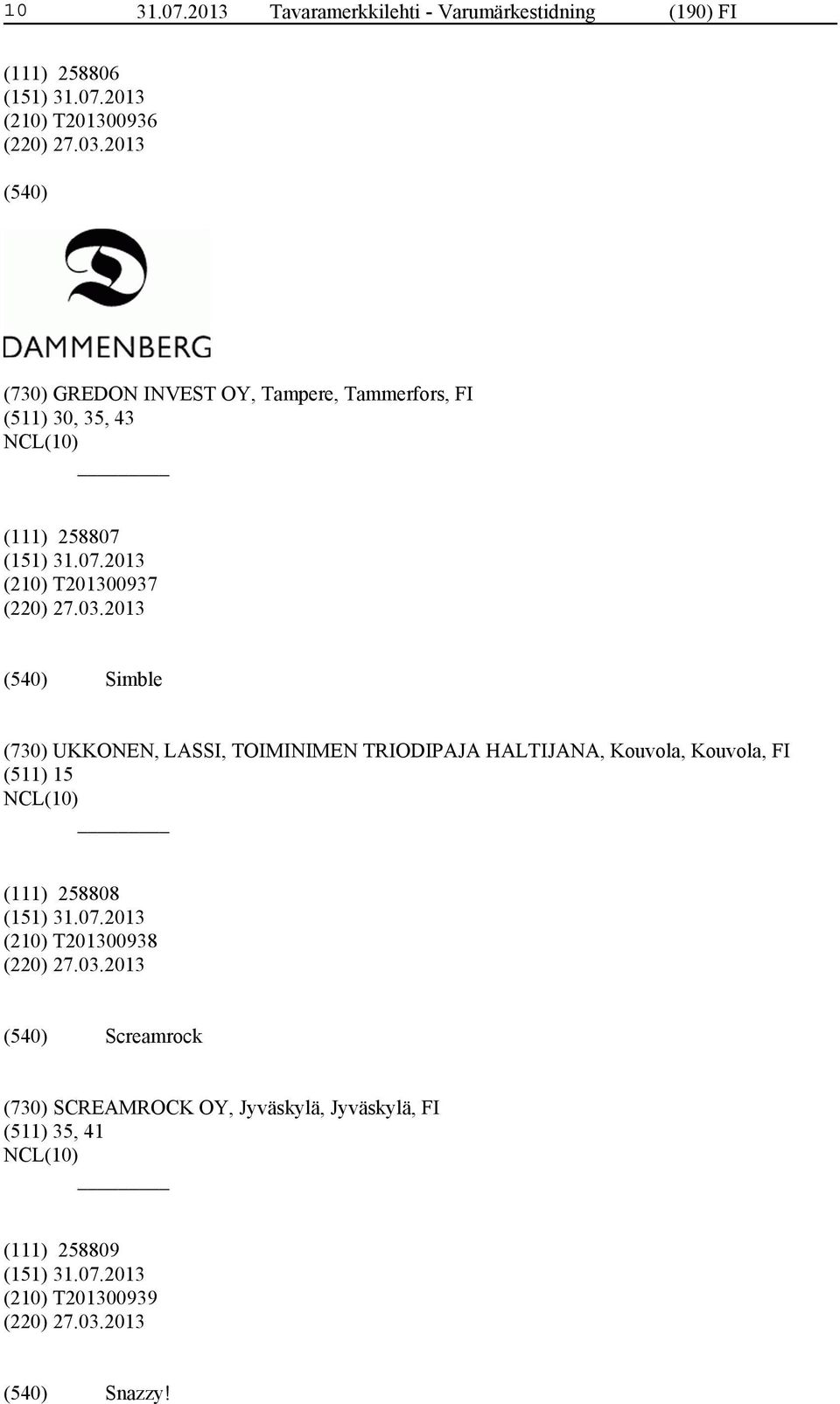 2013 Simble (730) UKKONEN, LASSI, TOIMINIMEN TRIODIPAJA HALTIJANA, Kouvola, Kouvola, FI (511) 15 (111) 258808 (210)