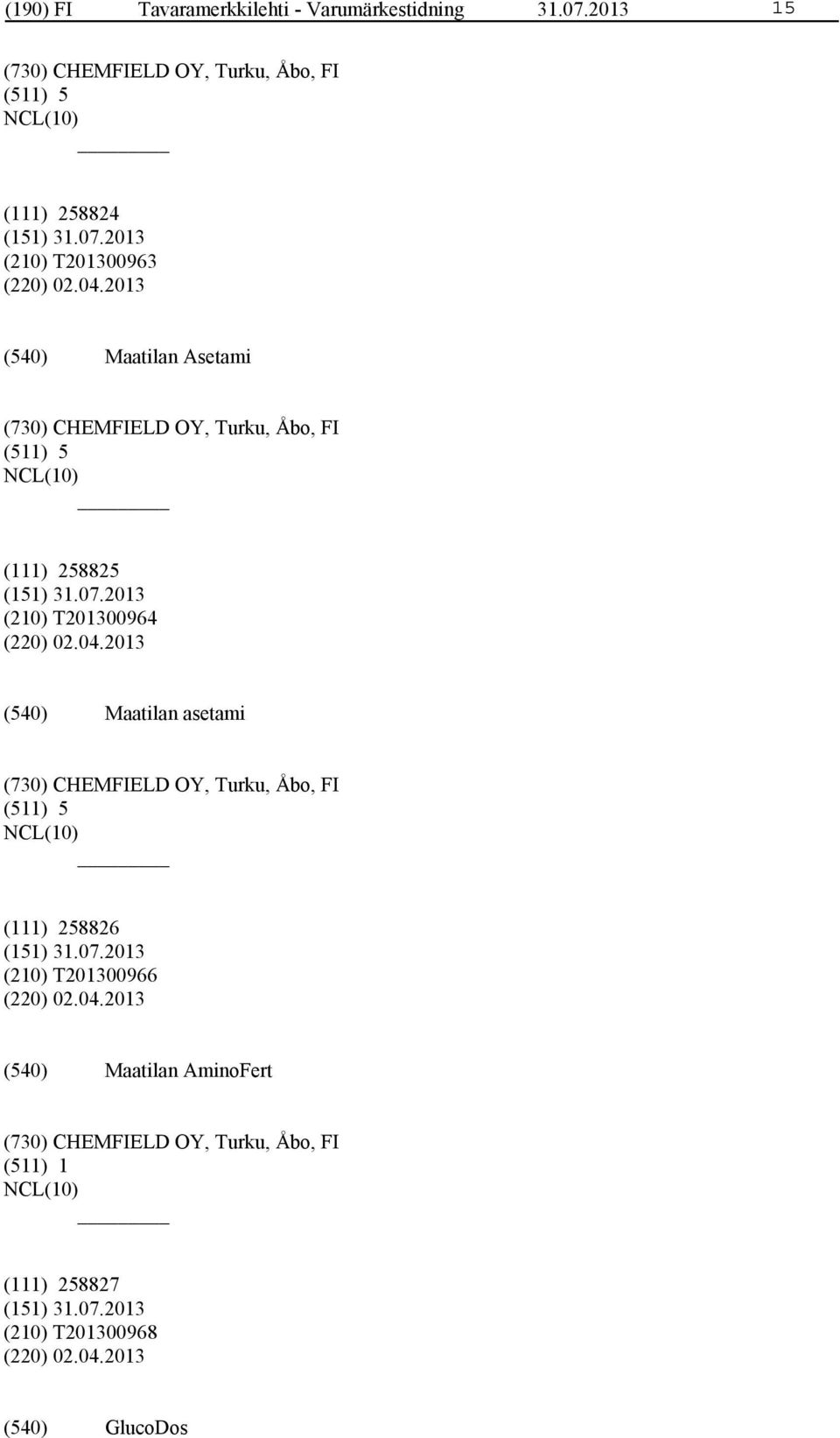 2013 Maatilan Asetami (730) CHEMFIELD OY, Turku, Åbo, FI (511) 5 (111) 258825 (210) T201300964 (220) 02.04.