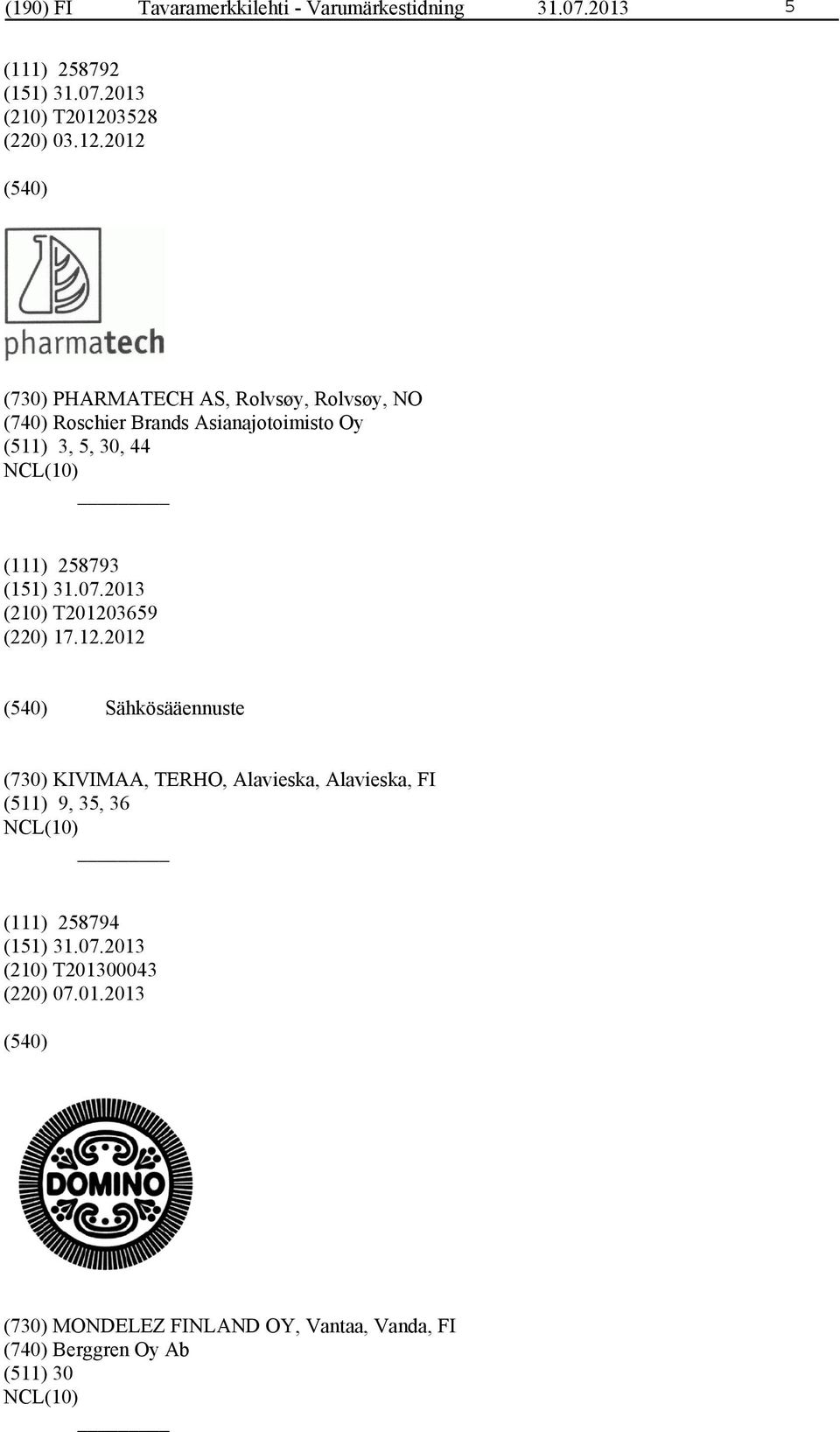 2012 (730) PHARMATECH AS, Rolvsøy, Rolvsøy, NO (740) Roschier Brands Asianajotoimisto Oy (511) 3, 5, 30, 44 (111)