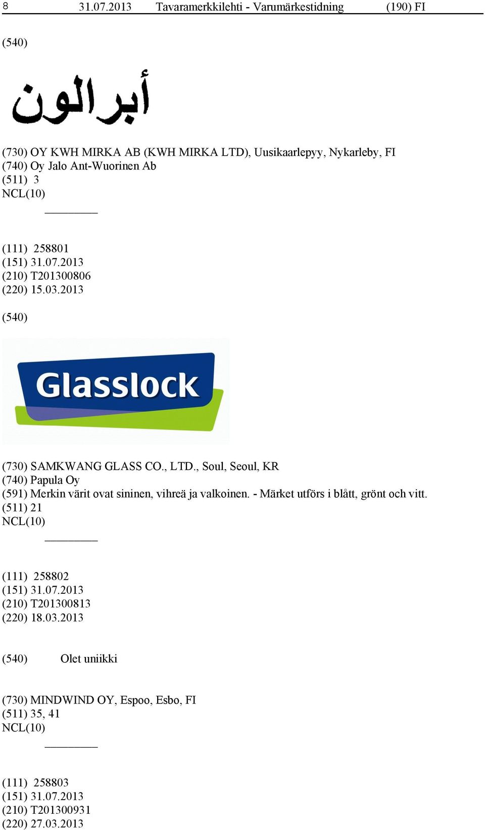 Ant-Wuorinen Ab (511) 3 (111) 258801 (210) T201300806 (220) 15.03.2013 (730) SAMKWANG GLASS CO., LTD.