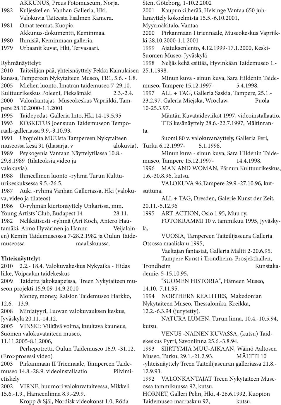 2005 Miehen luonto, Imatran taidemuseo 7-29.10. Kulttuurikeskus Poleeni, Pieksämäki 2.3.-2.4. 2000 Valonkantajat, Museokeskus Vapriikki, Tampere 28.10.2000-1.1.2001 1995 Taidepedat, Galleria Into, Hki 14-19.