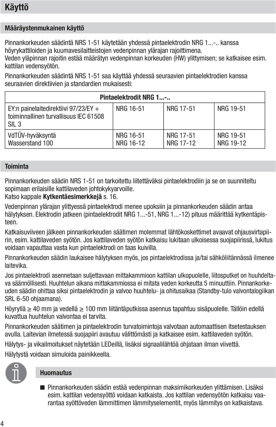 Pinnankorkeuden säädintä NRS 1-5