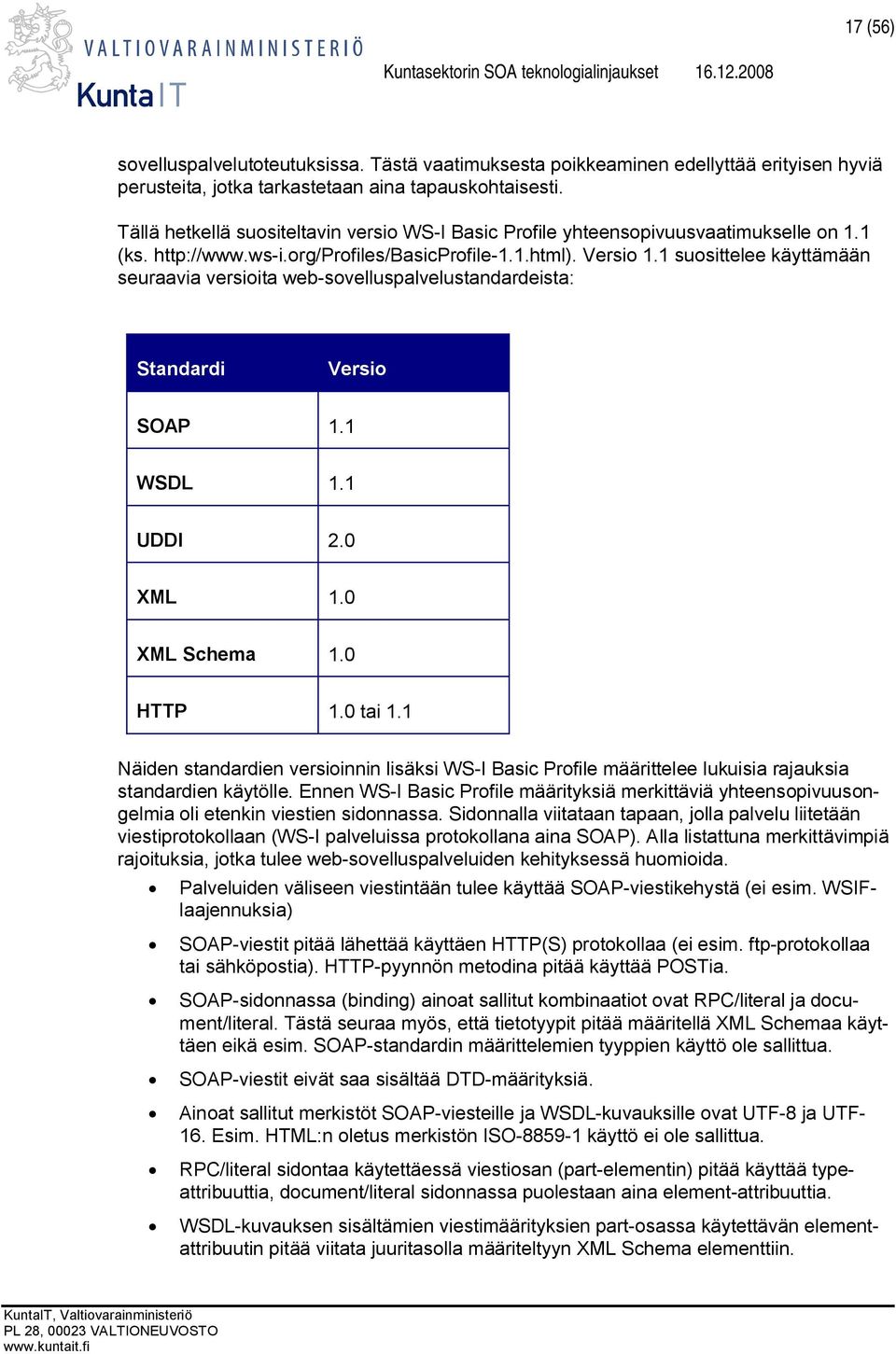 1 suosittelee käyttämään seuraavia versioita web-sovelluspalvelustandardeista: Standardi Versio SOAP 1.1 WSDL 1.1 UDDI 2.0 XML 1.0 XML Schema 1.0 HTTP 1.0 tai 1.