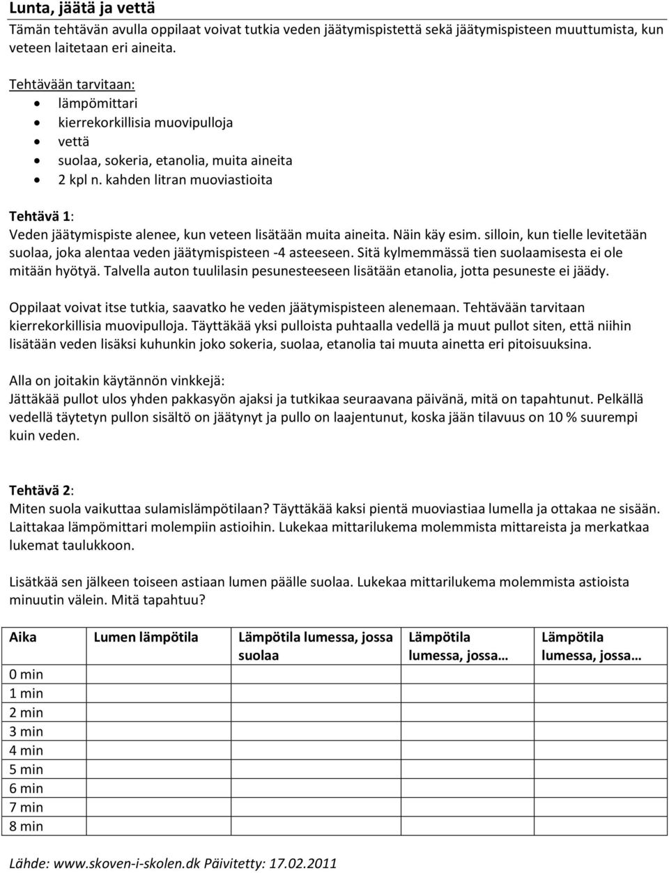 kahden litran muoviastioita Tehtävä 1: Veden jäätymispiste alenee, kun veteen lisätään muita aineita. Näin käy esim.