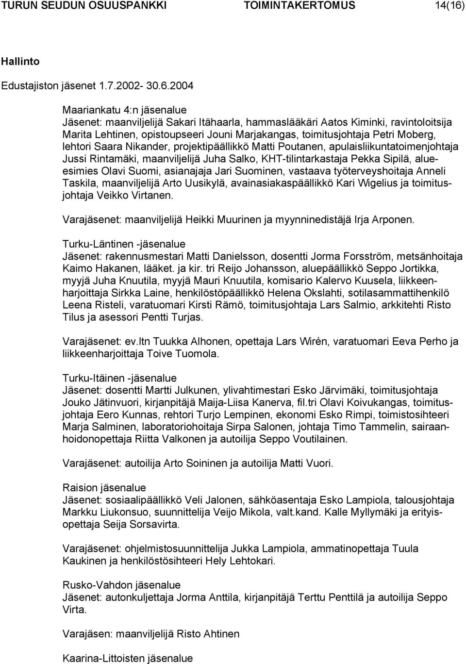 2004 Maariankatu 4:n jäsenalue Jäsenet: maanviljelijä Sakari Itähaarla, hammaslääkäri Aatos Kiminki, ravintoloitsija Marita Lehtinen, opistoupseeri Jouni Marjakangas, toimitusjohtaja Petri Moberg,