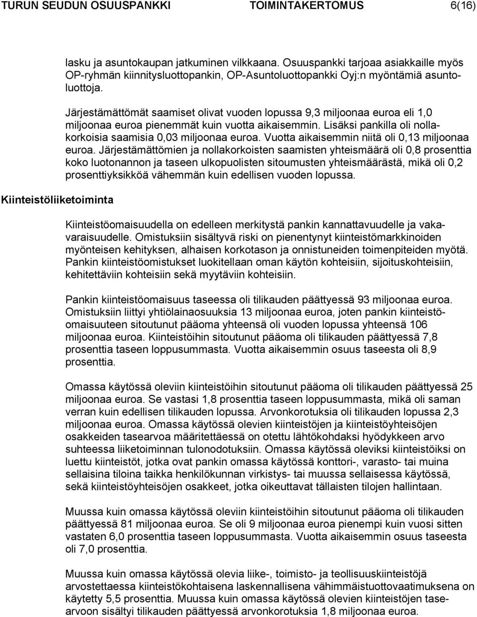 Järjestämättömät saamiset olivat vuoden lopussa 9,3 miljoonaa euroa eli 1,0 miljoonaa euroa pienemmät kuin vuotta aikaisemmin. Lisäksi pankilla oli nollakorkoisia saamisia 0,03 miljoonaa euroa.