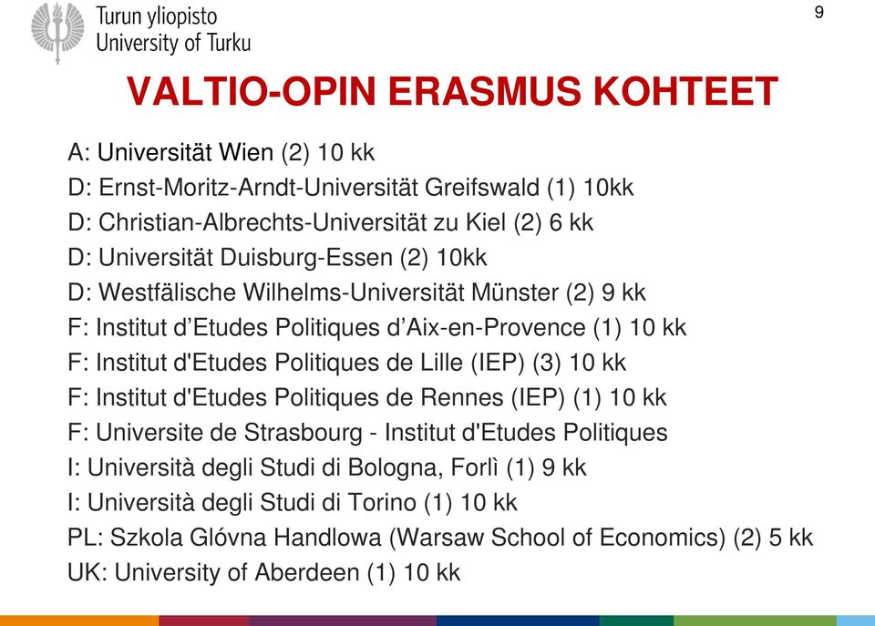 Politiques de Lille (IEP) (3) 10 kk F: Institut d'etudes Politiques de Rennes (IEP) (1) 10 kk F: Universite de Strasbourg - Institut d'etudes Politiques I: Università degli