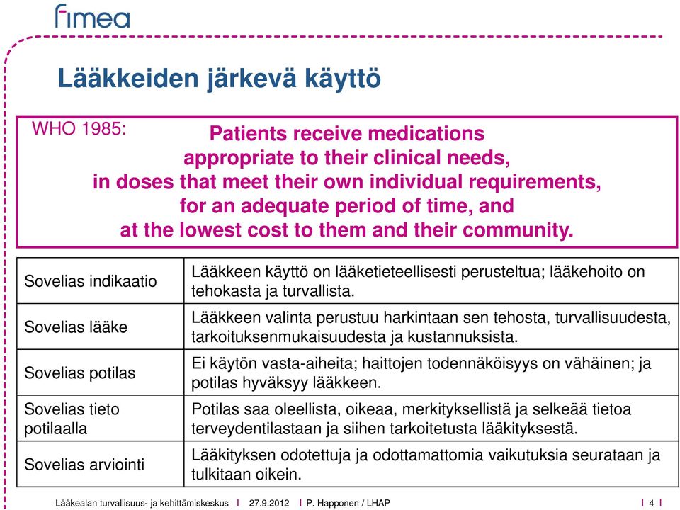 Sovelias indikaatio Sovelias lääke Sovelias potilas Sovelias tieto potilaalla Sovelias arviointi Lääkkeen käyttö on lääketieteellisesti perusteltua; lääkehoito on tehokasta ja turvallista.